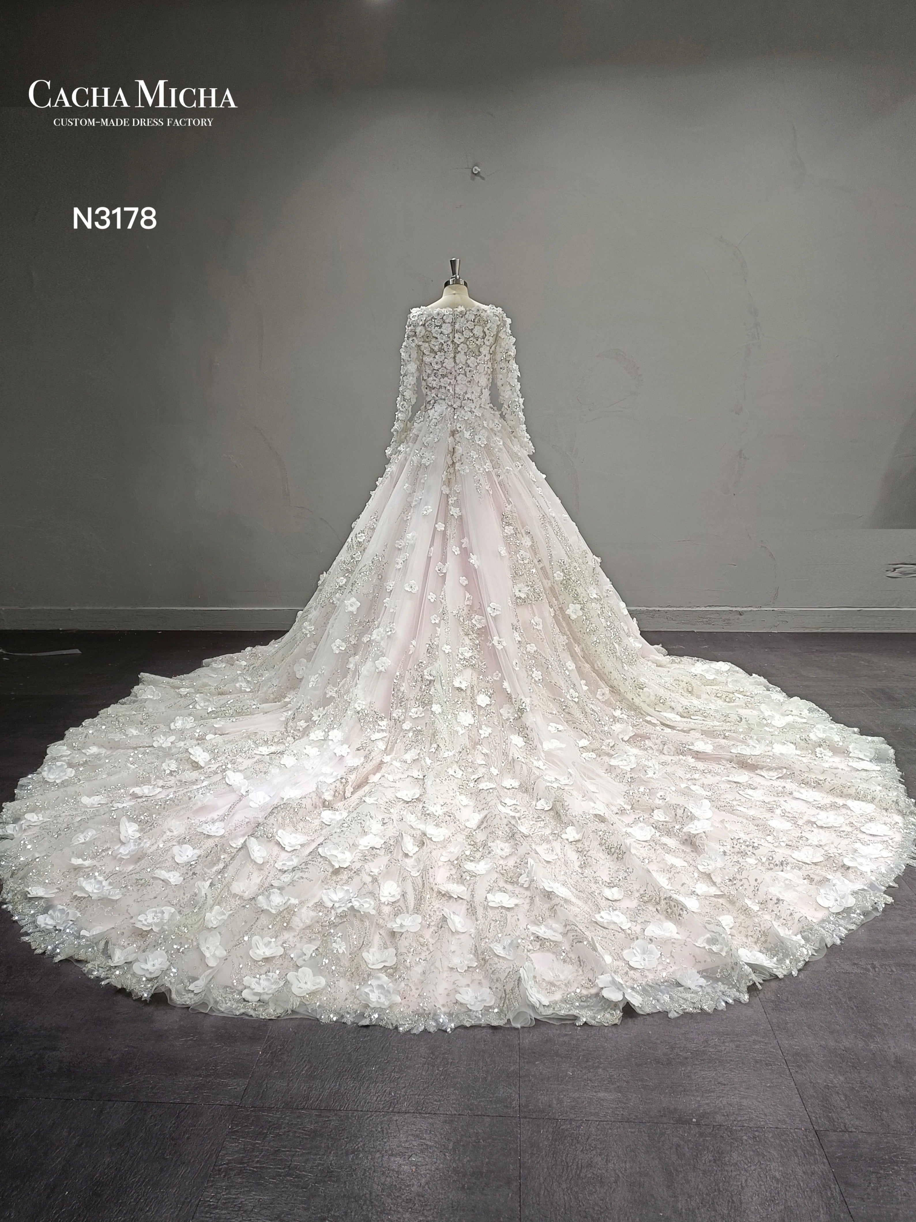 3D Flowers Blush Pink Ball Gown Wedding Dress N3178