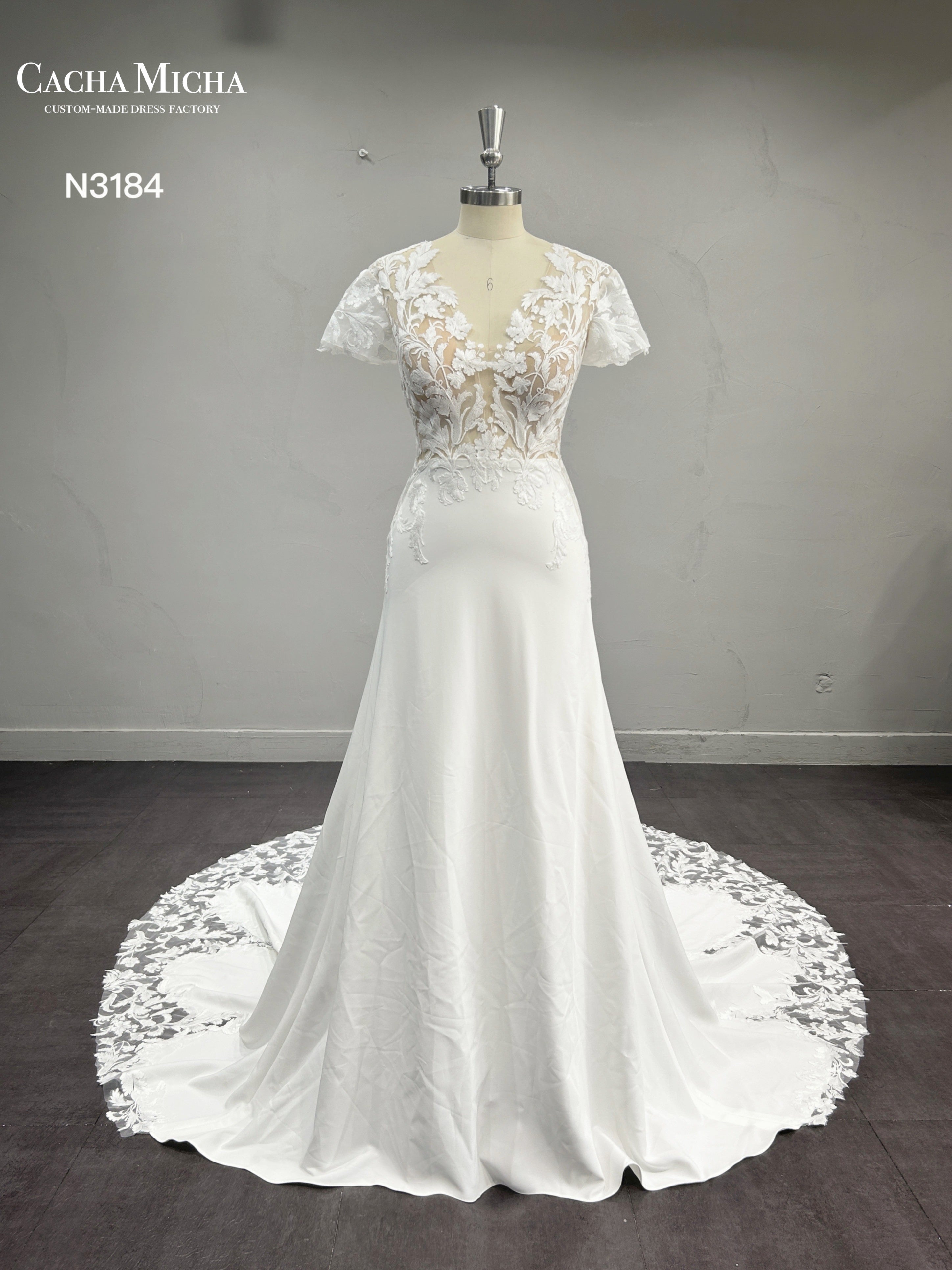Glass Floral Train Crepe Trumpet Wedding Dress N3184