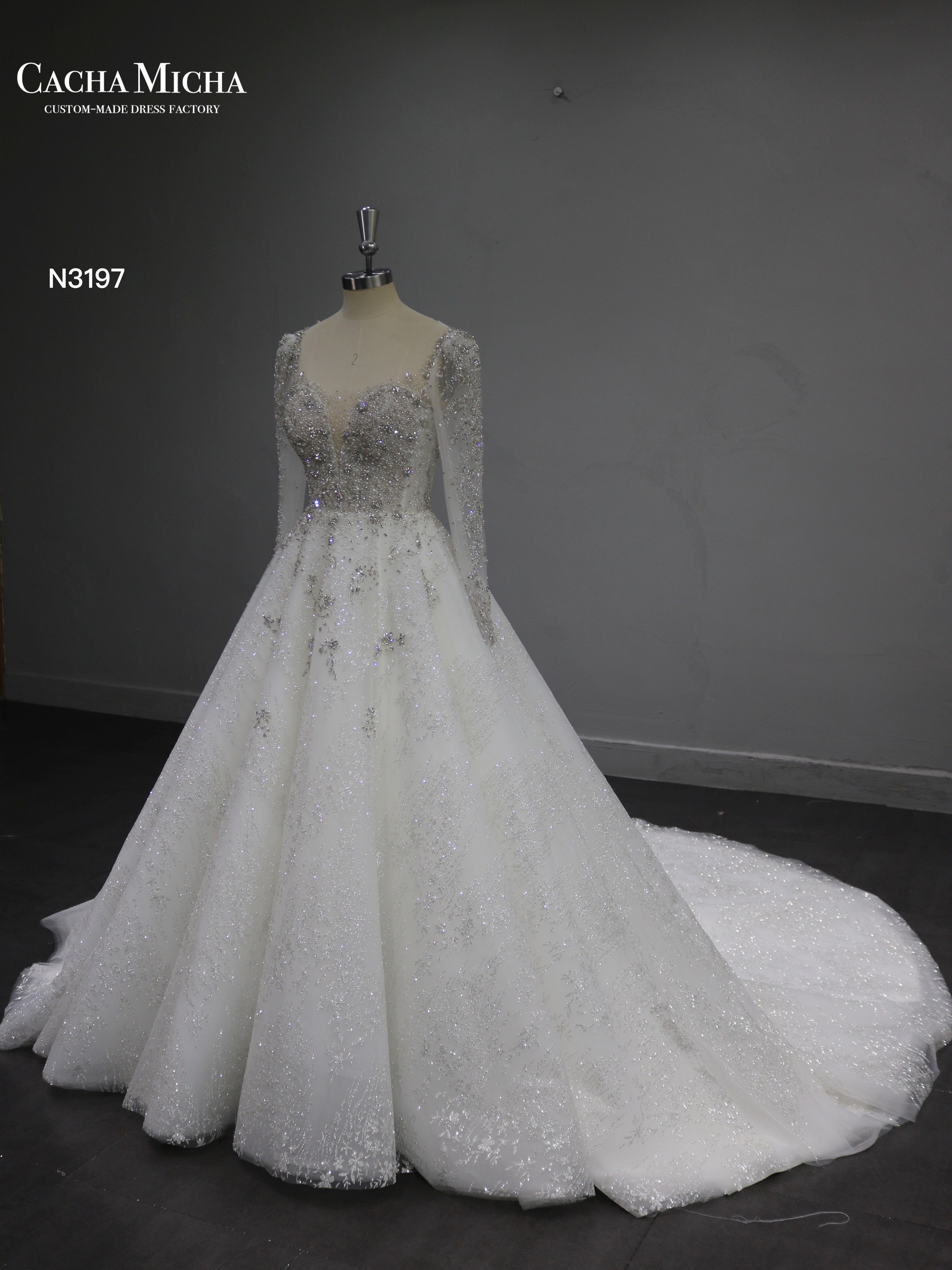 Silver Hand Beaded Shinny Glitter Wedding Dress N3197