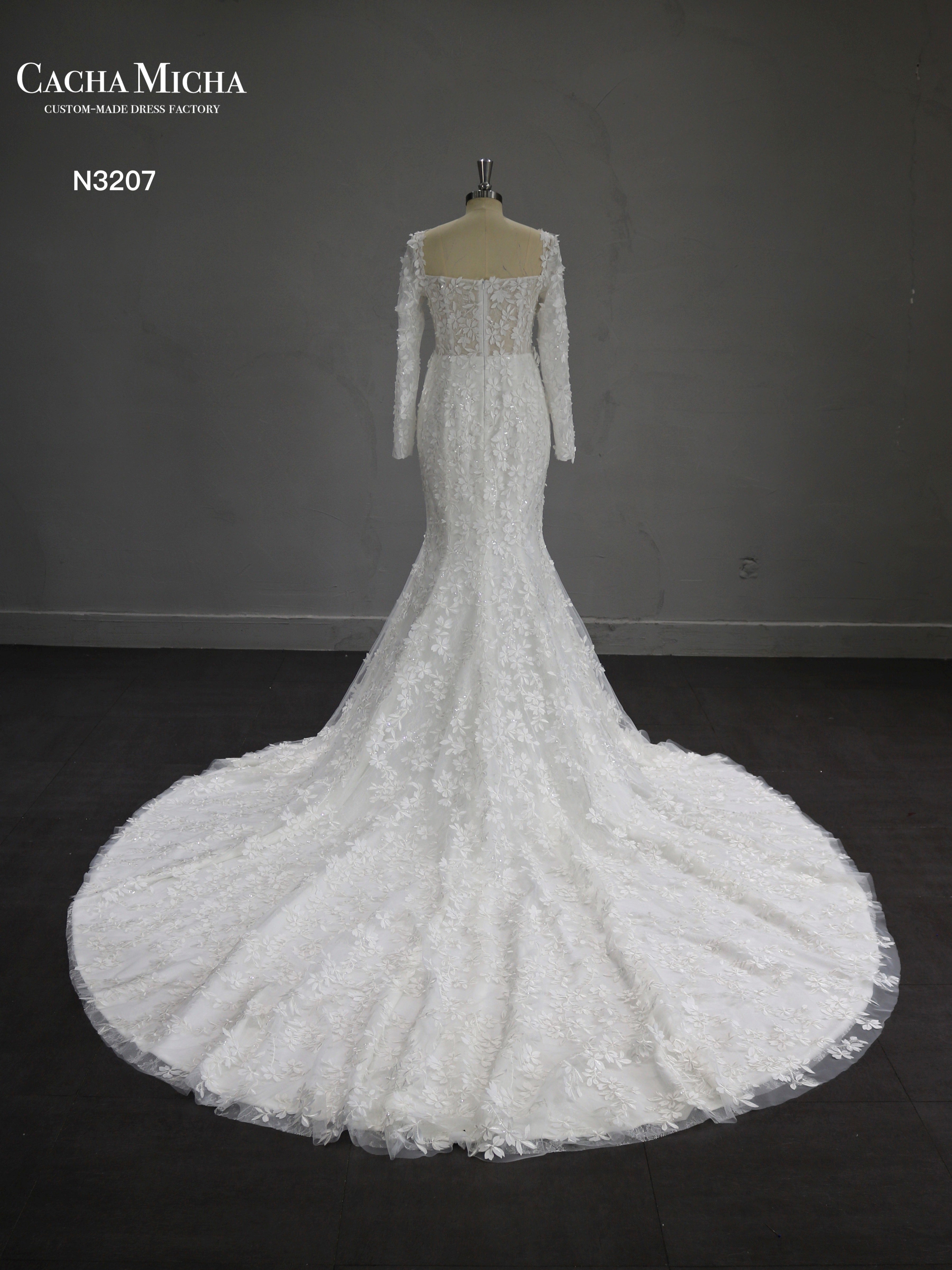 Long Train Mermaid Long Sleeves Lace Wedding Dress N3207