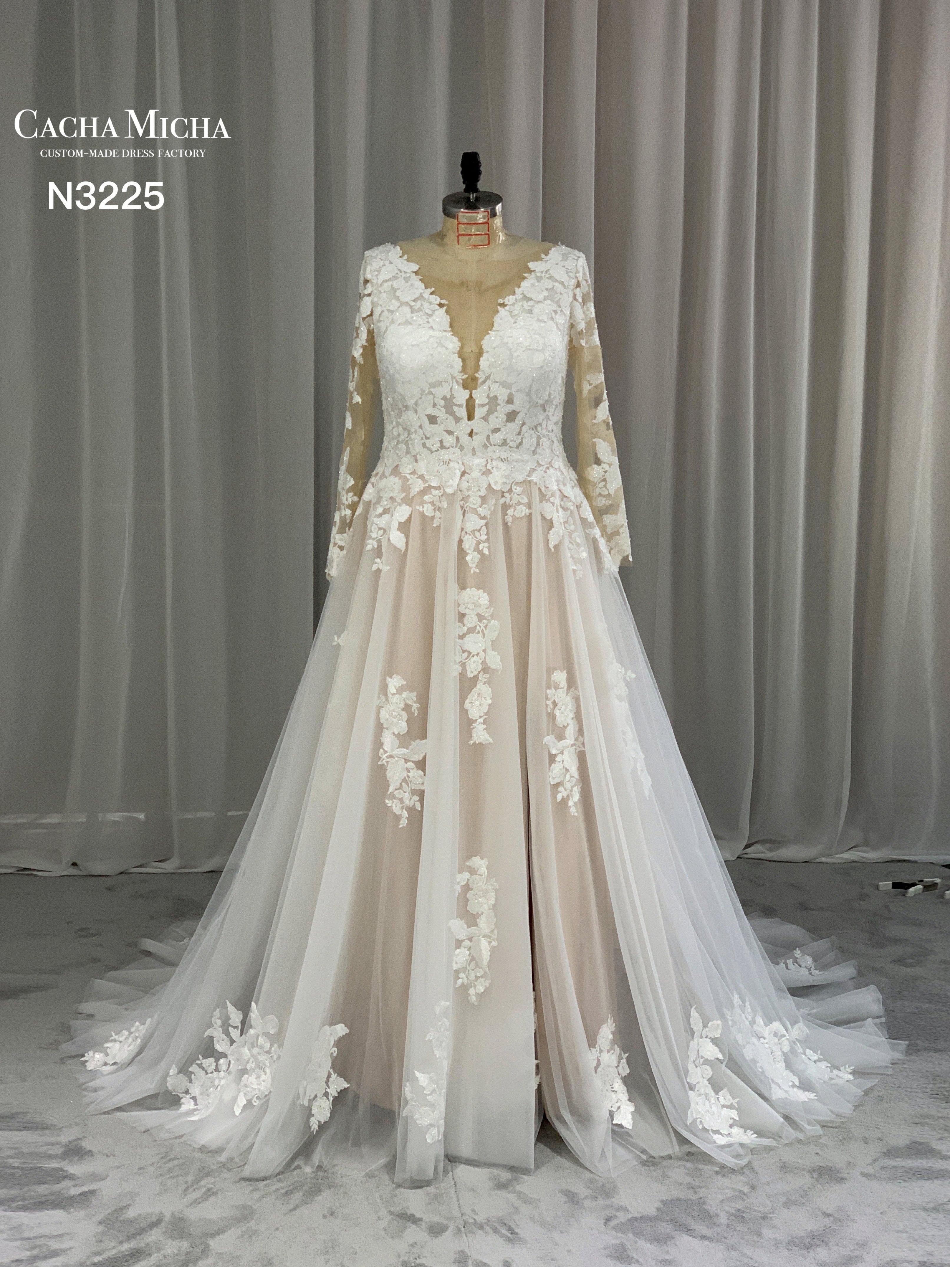 Lace Long Sleeves Champagne Lining Plus Size Wedding Dress N3225