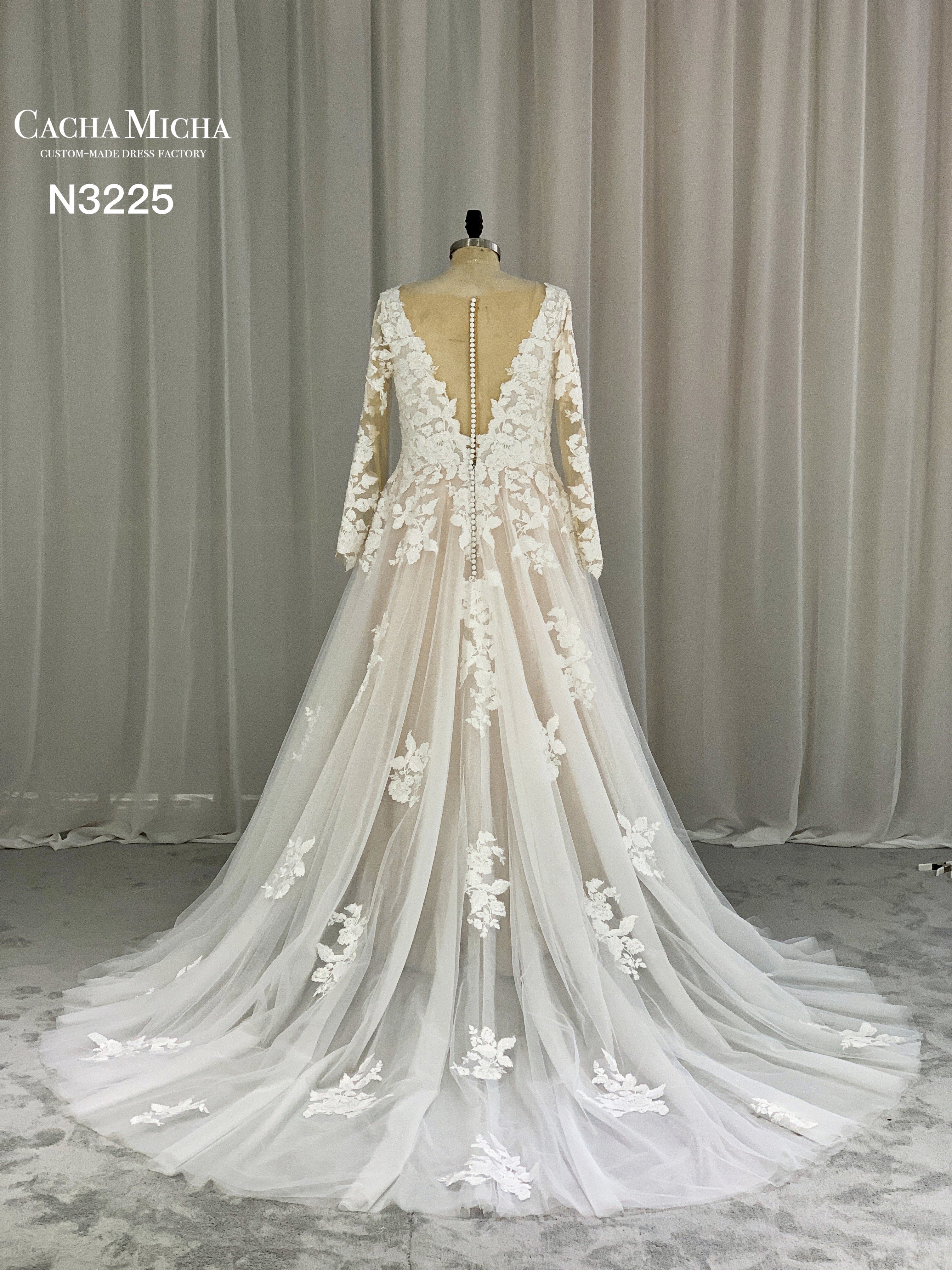Lace Long Sleeves Champagne Lining Plus Size Wedding Dress N3225