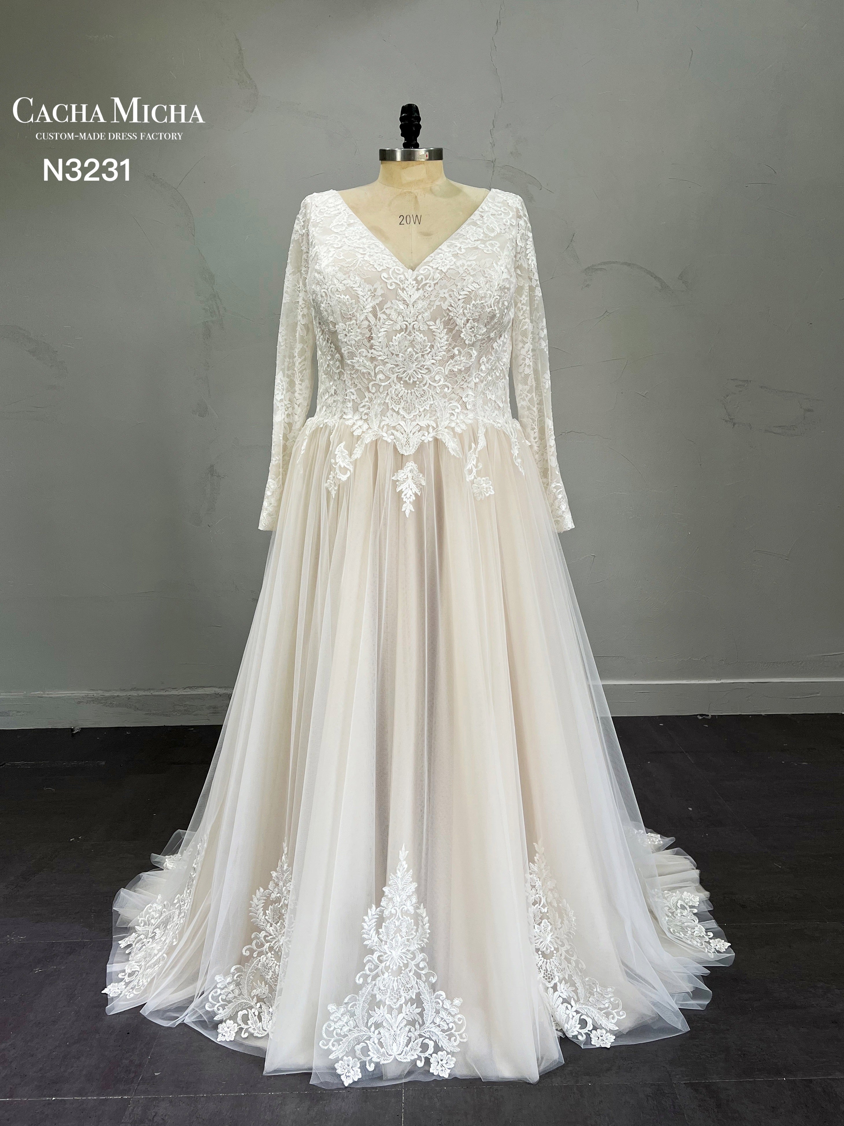 Lace Long Sleeves Champagne Plus Size Wedding Dress N3331