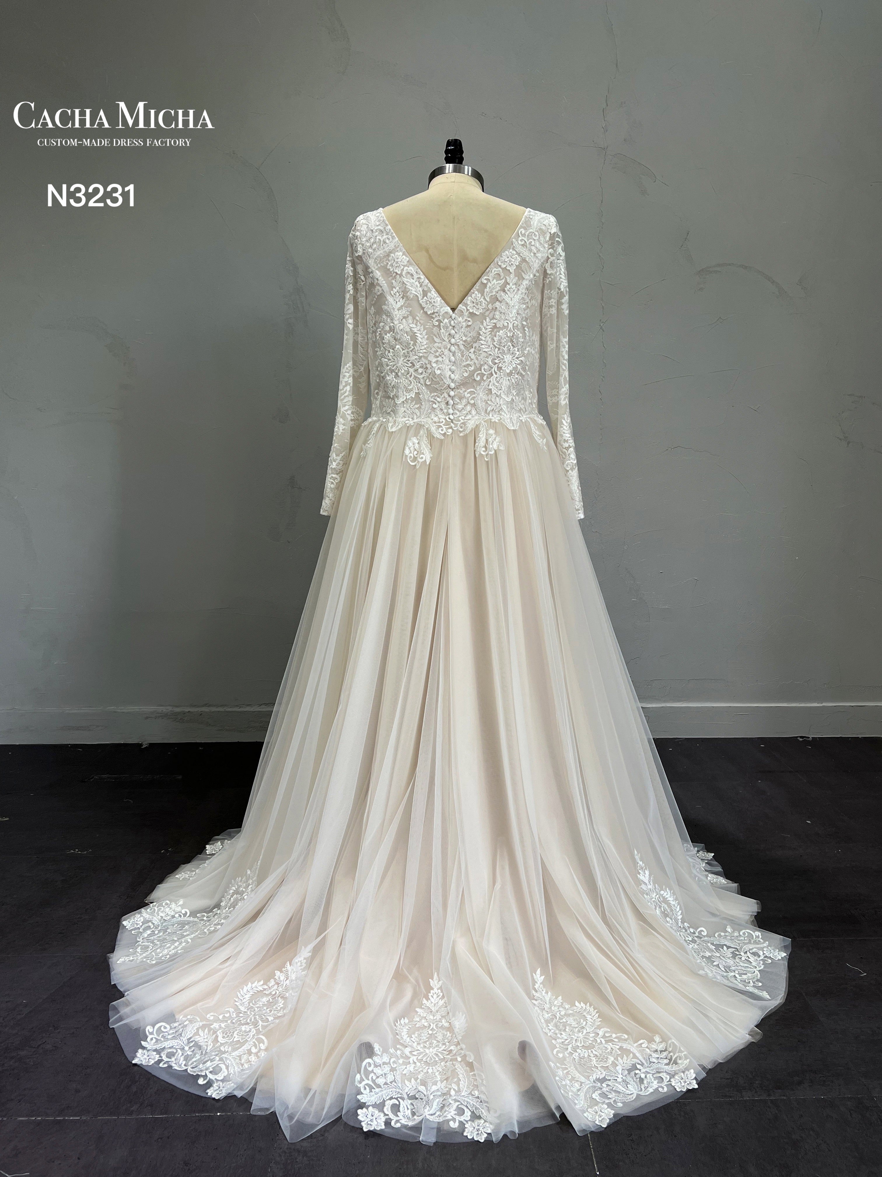 Lace Long Sleeves Champagne Plus Size Wedding Dress N3331