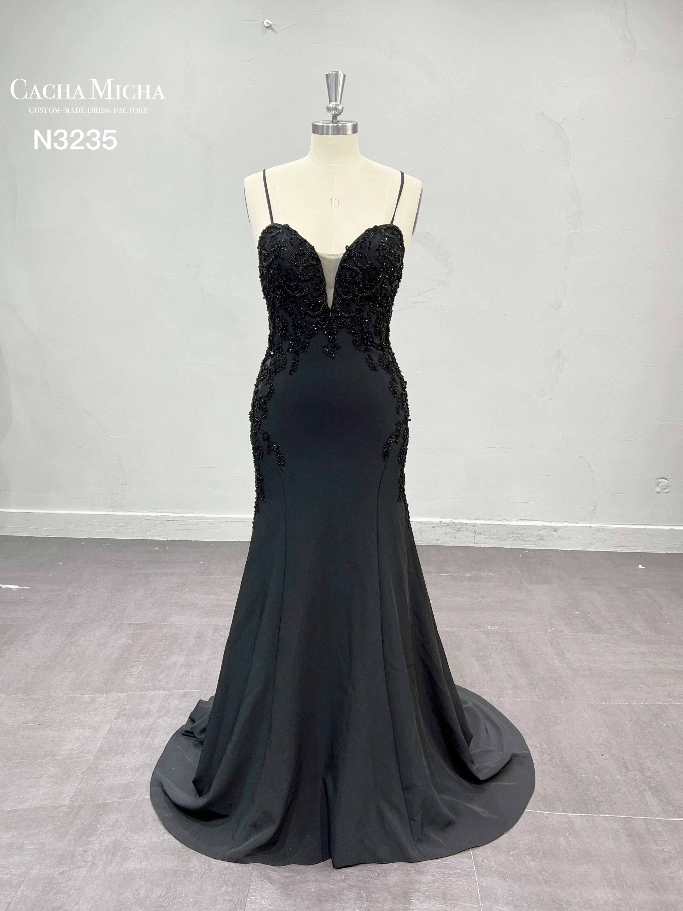 Sexy Low Back Beaded Lace Black Wedding Dress N3335