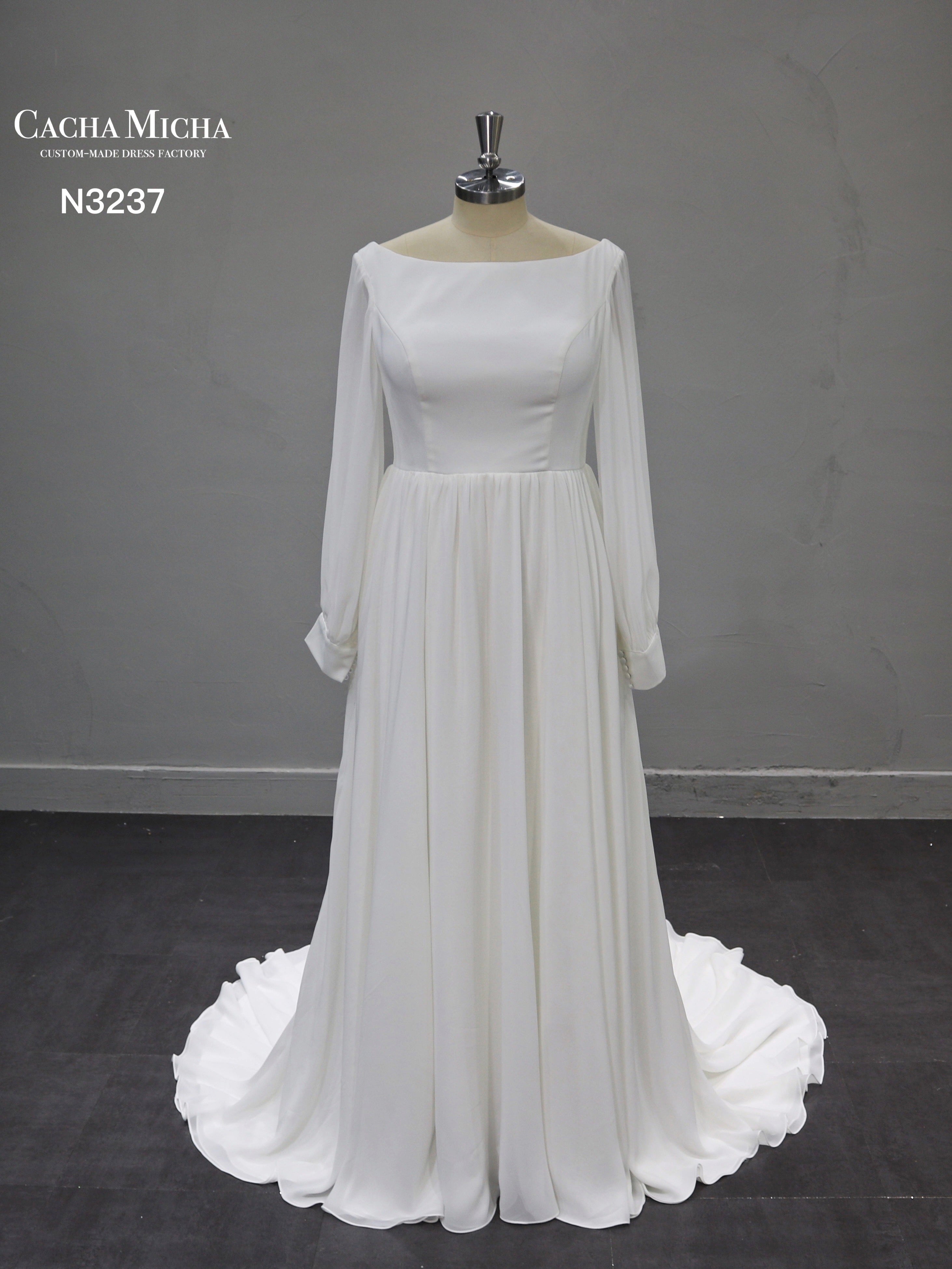 Boat Neck Long Sleeves Chiffon Plus Size Wedding Dress N3337