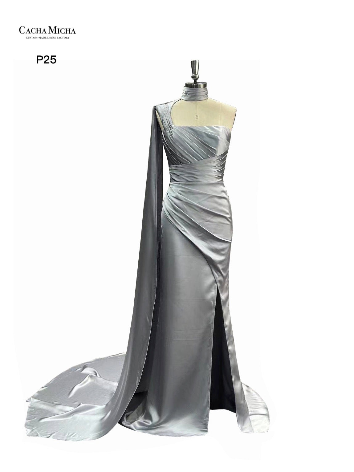 One Shoulder Long Drape Silver Prom Dress Bridesmaid Dress P25