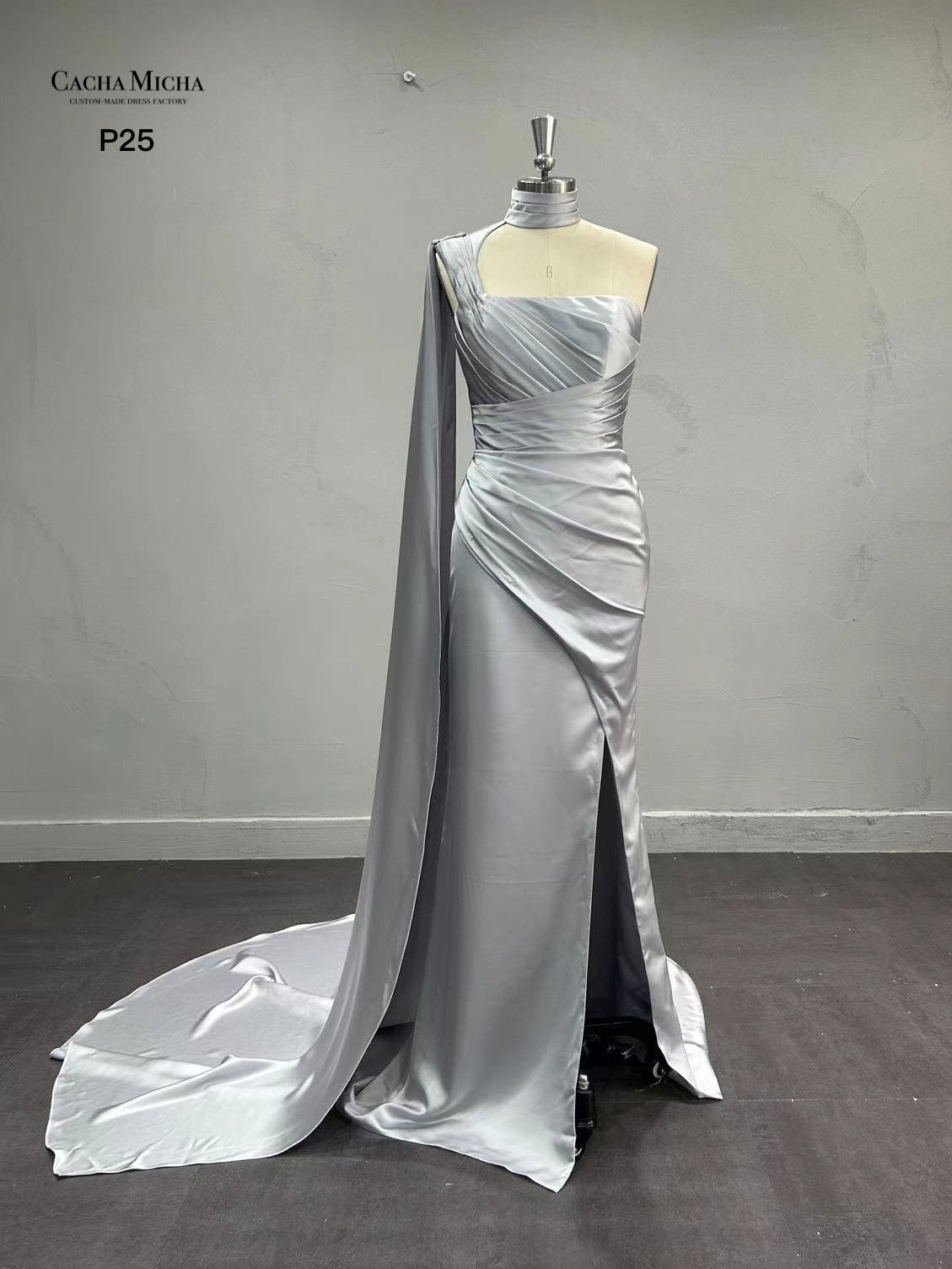 One Shoulder Long Drape Silver Prom Dress Bridesmaid Dress P25