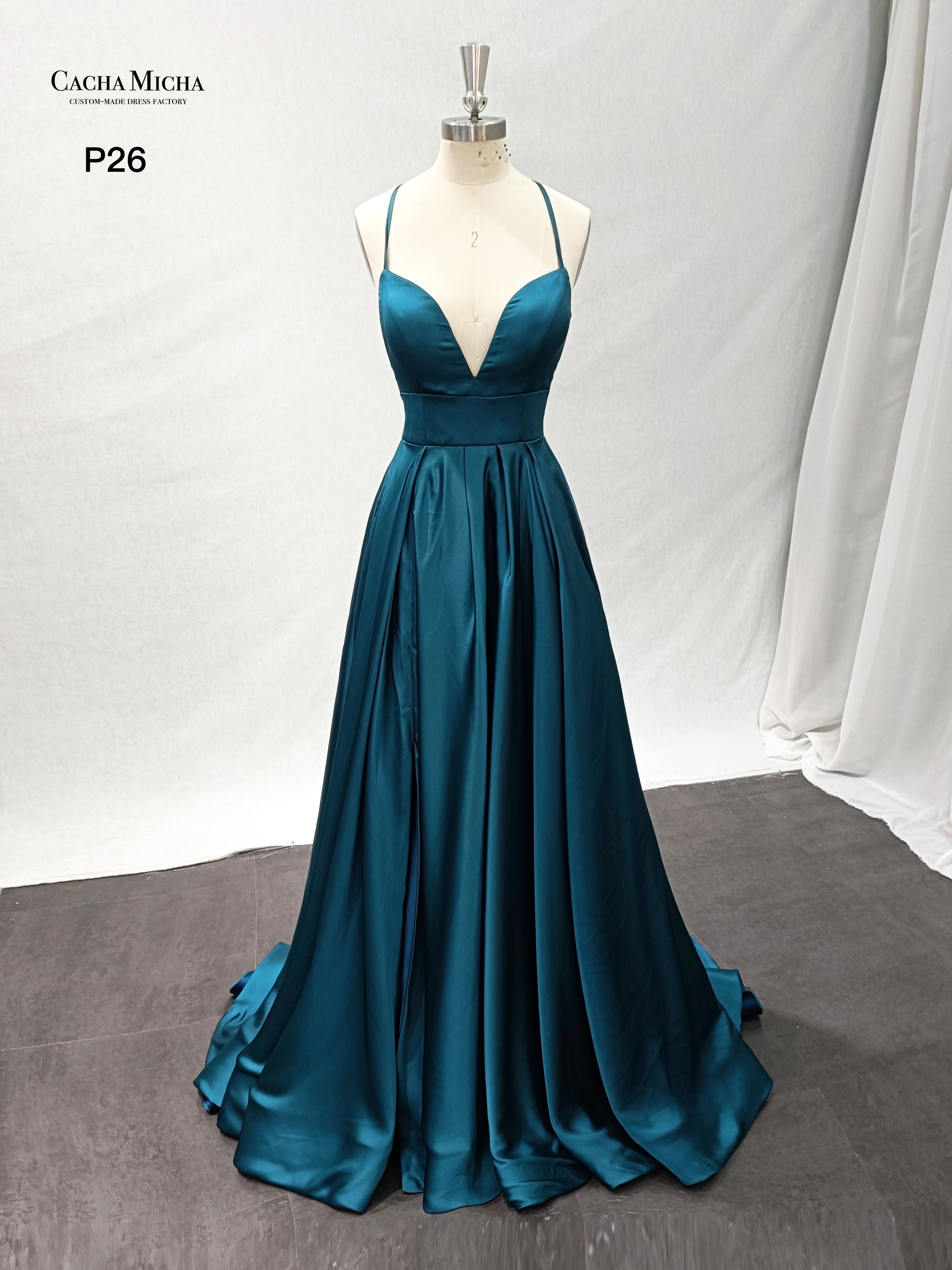 Spaghetti Straps Teal Blue Satin Prom Dress P26