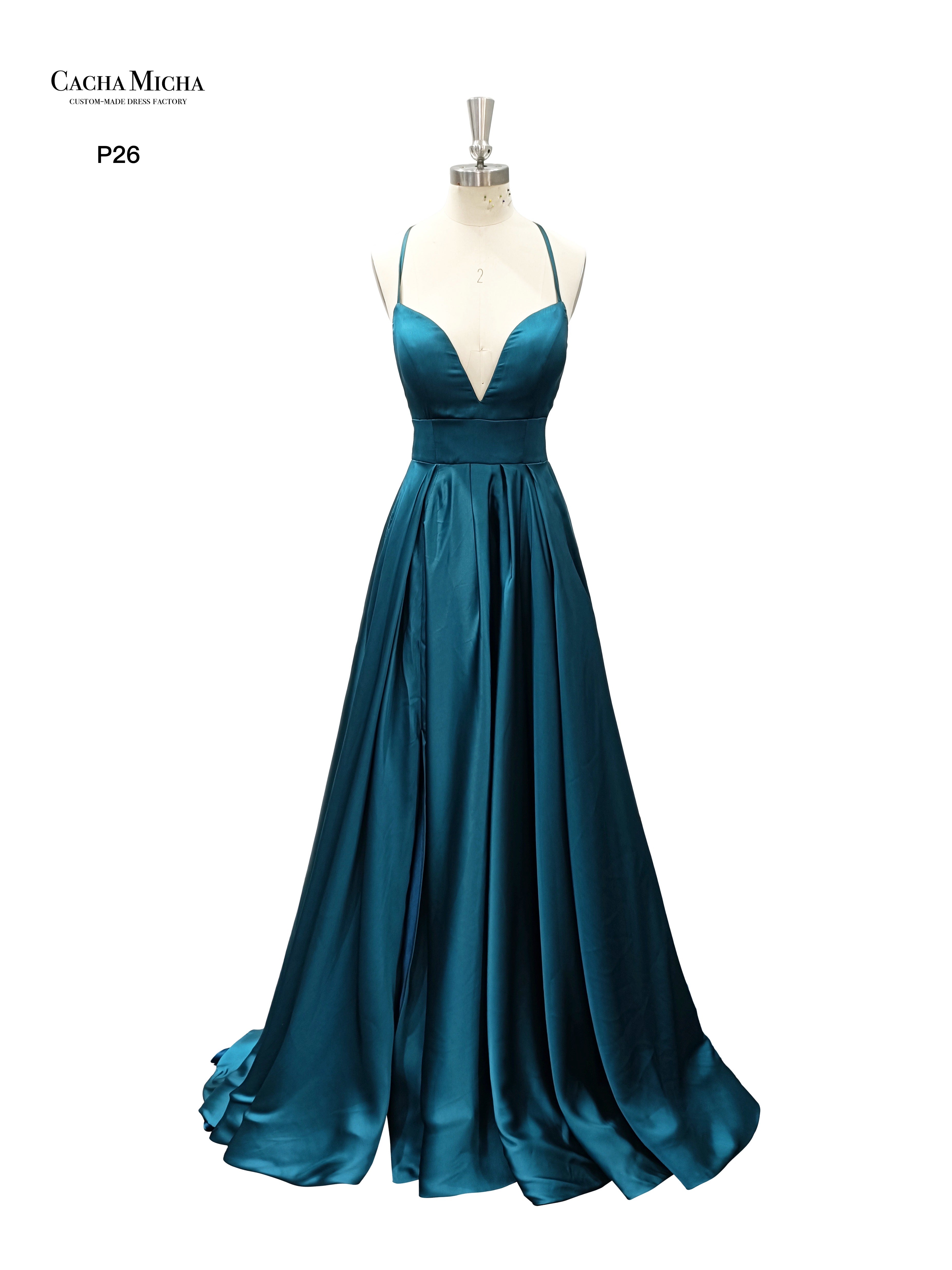 Spaghetti Straps Teal Blue Satin Prom Dress P26