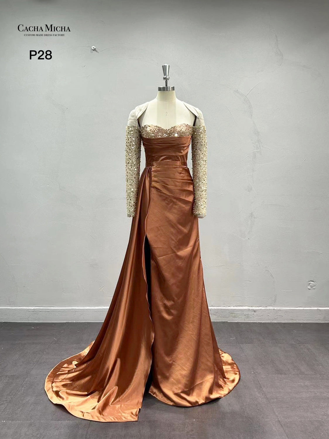 Off Shoulder Beaded Long Sleeves Prom Dress P28
