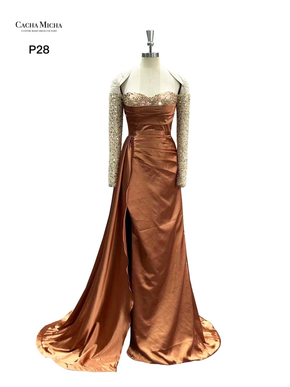 Off Shoulder Beaded Long Sleeves Prom Dress P28