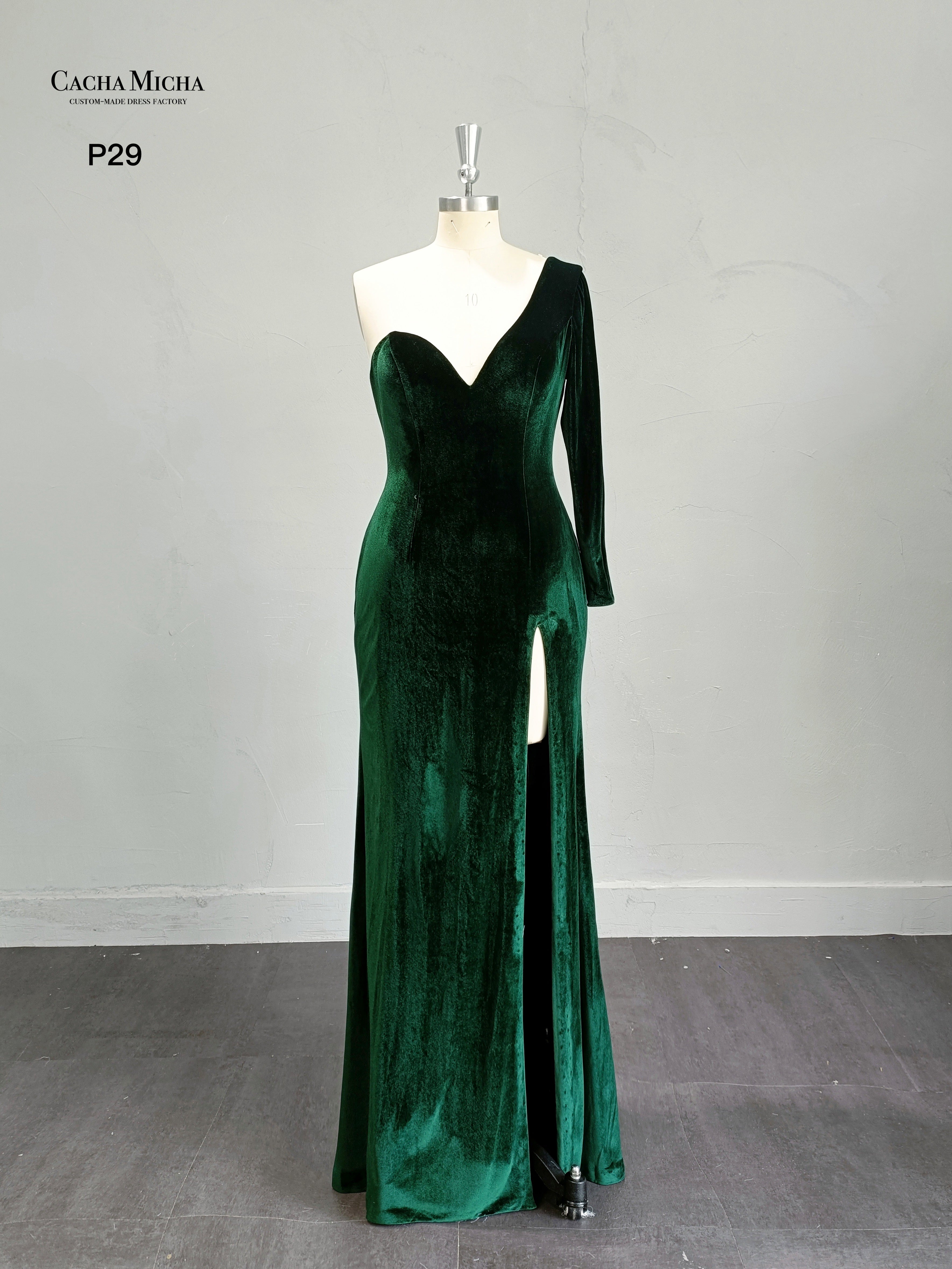 One Shoulder Long Sleeves Green Velvet Evening Dress P29