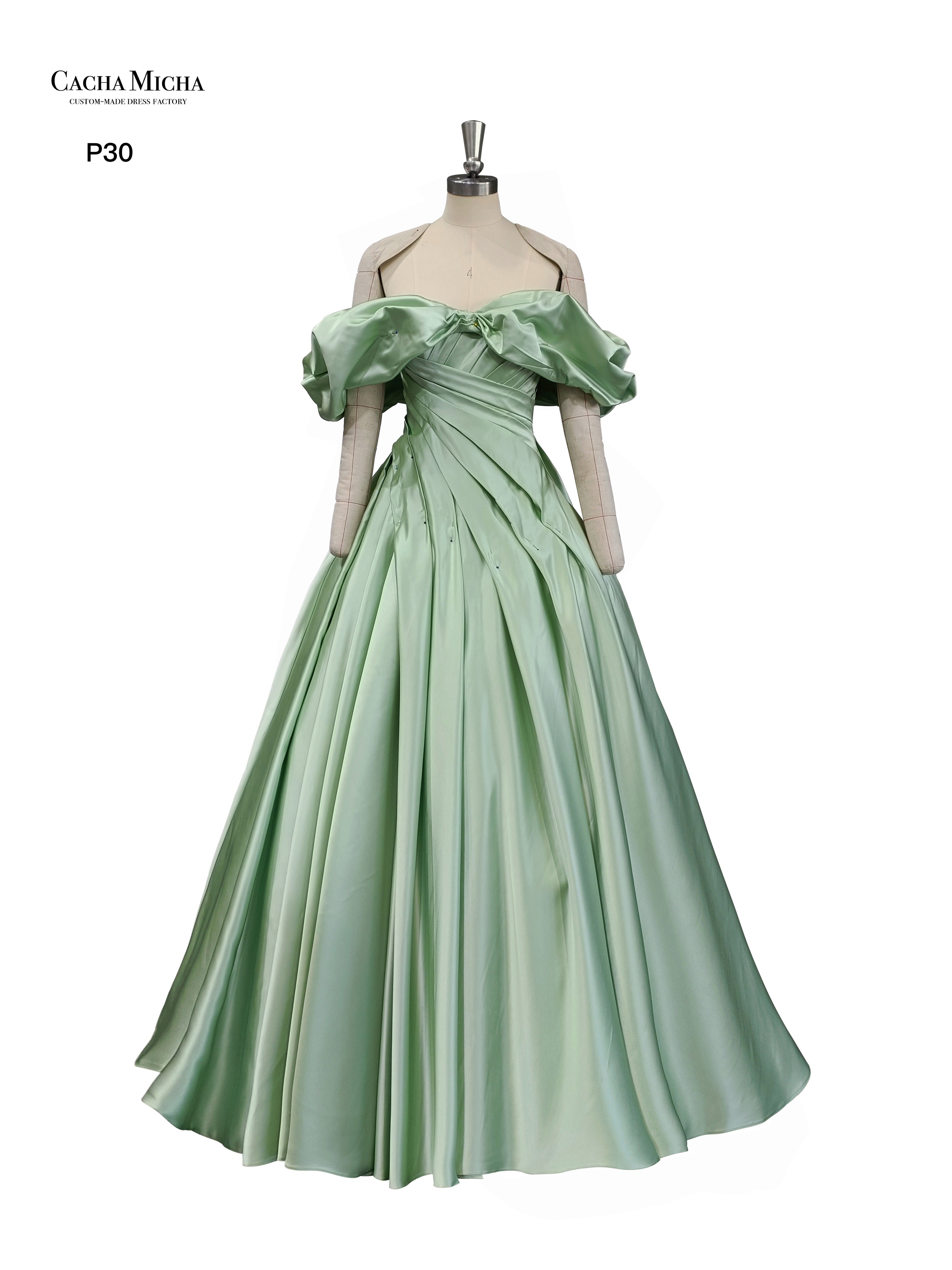Unique Pleated Ball Gown Green Satin Prom Dress P30