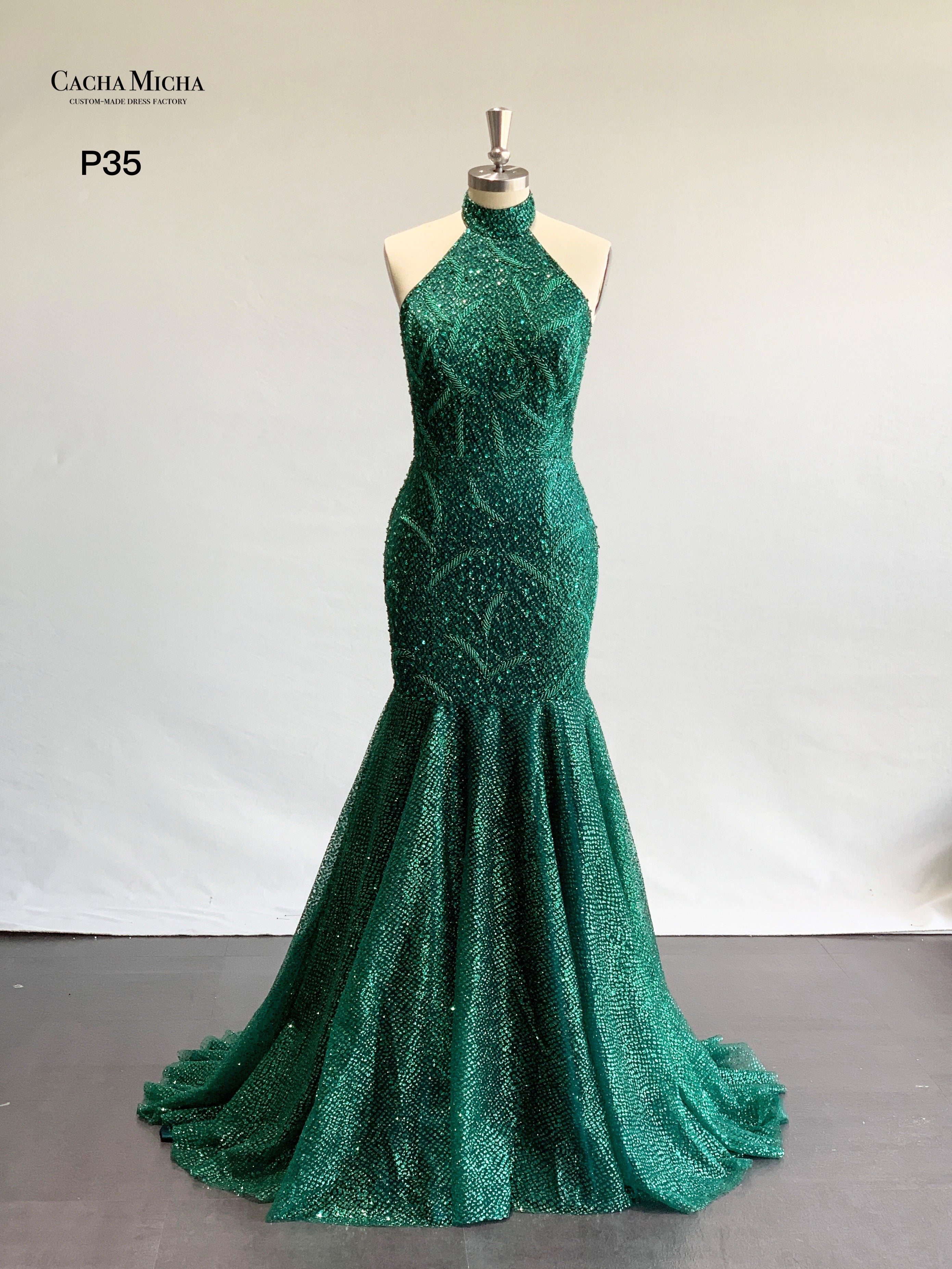 Halter Neck Hand Beaded Green Sparkle Prom Dress P35