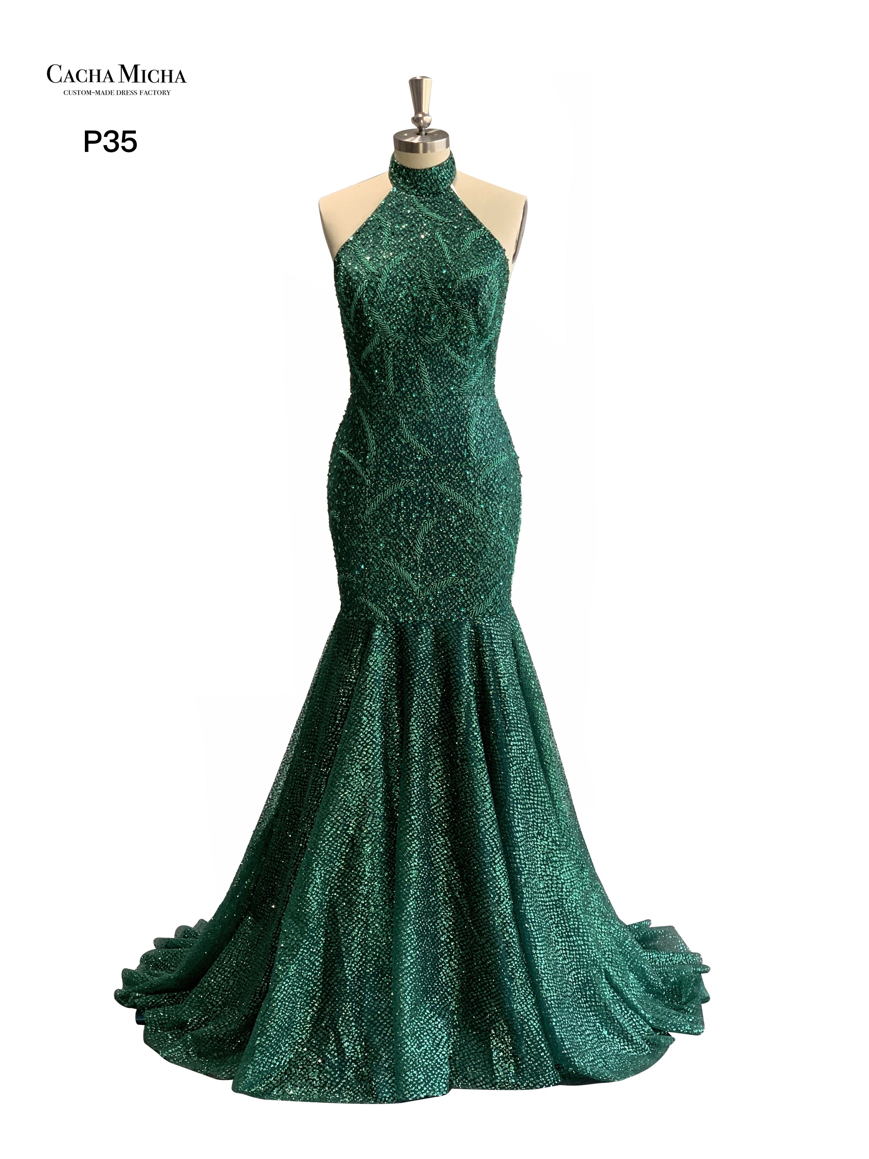 Halter Neck Hand Beaded Green Sparkle Prom Dress P35