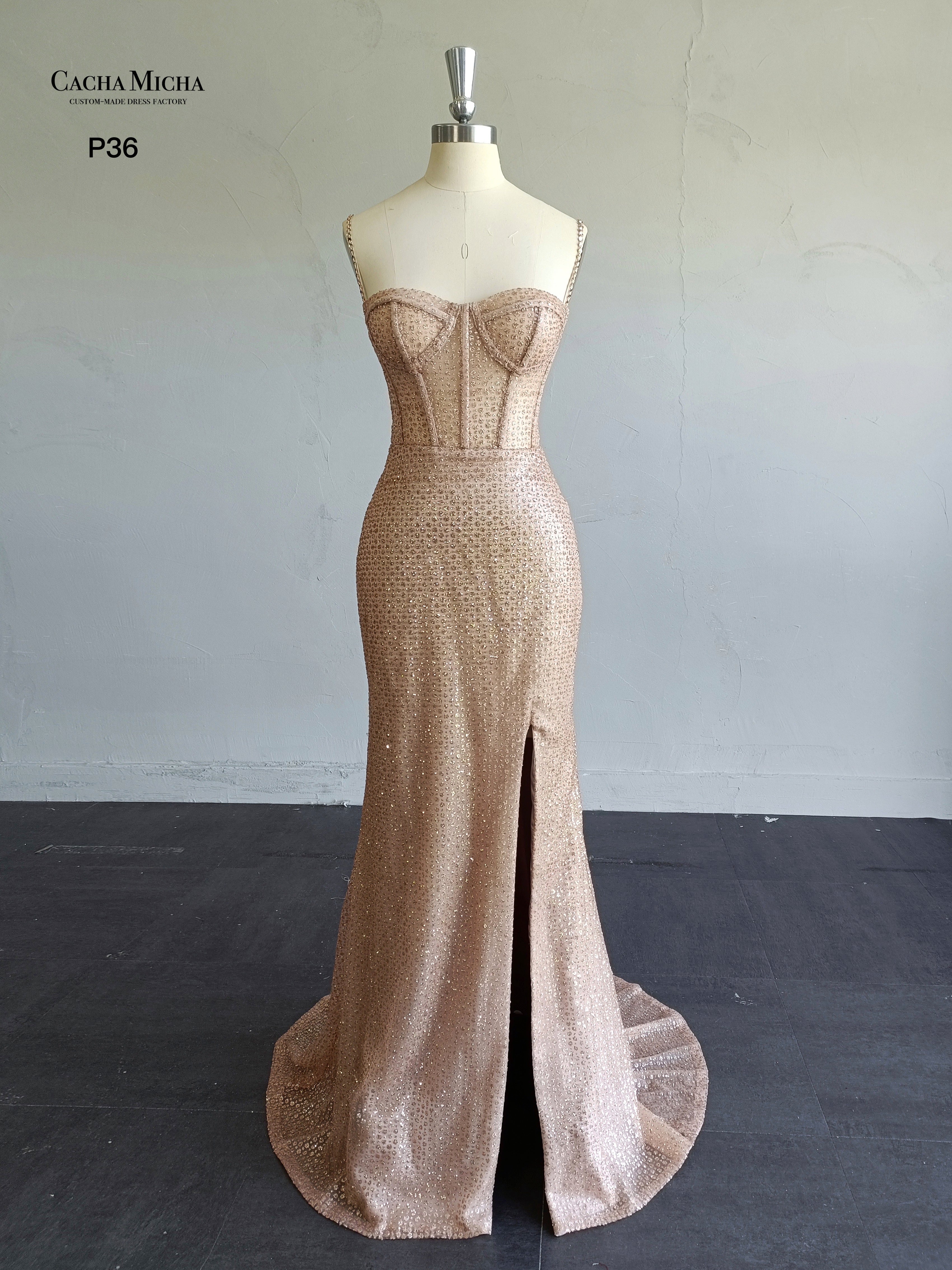 Corset Top Shinny Champagne Glitter Mermaid Prom Dress P36