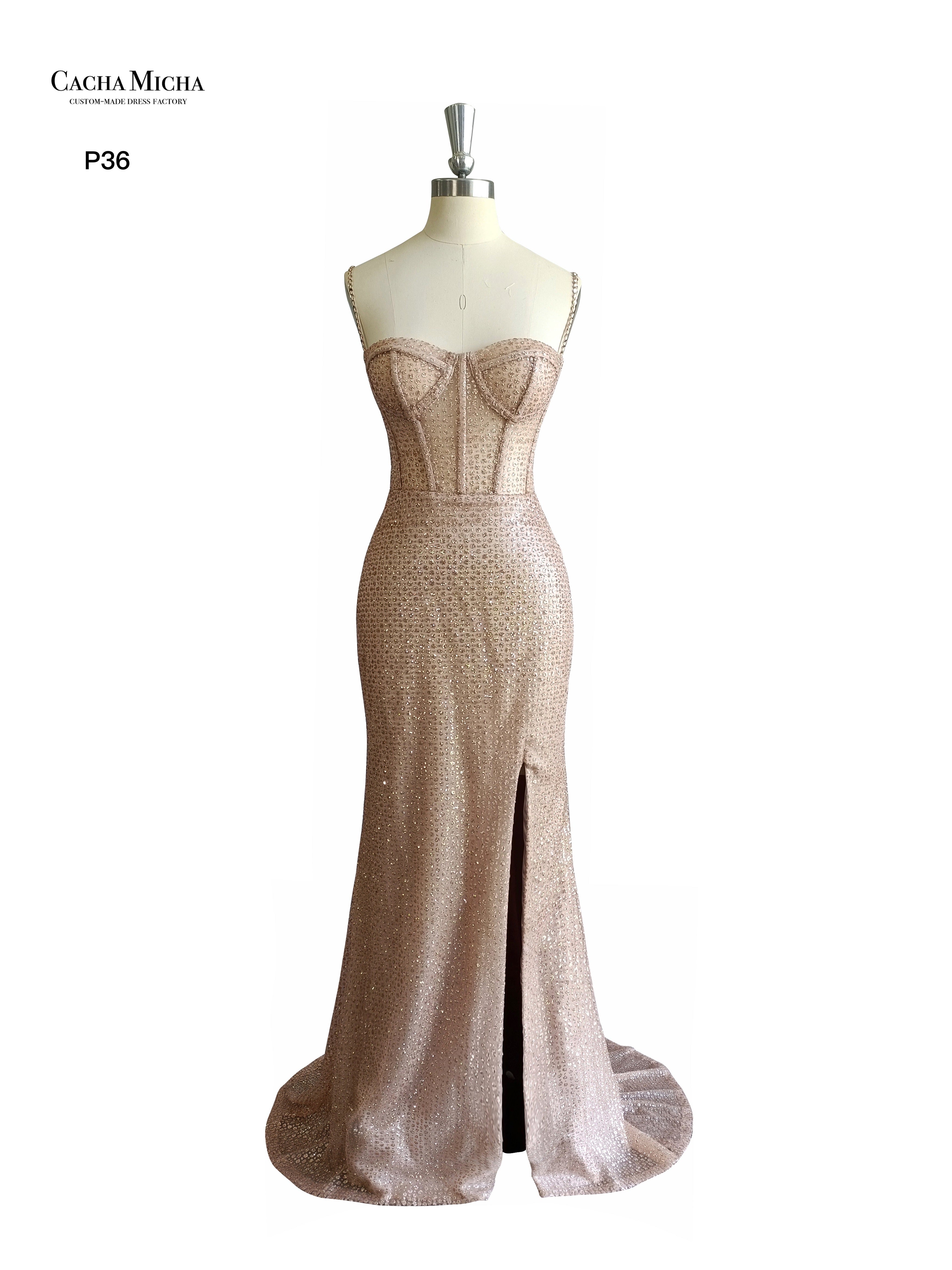 Corset Top Shinny Champagne Glitter Mermaid Prom Dress P36