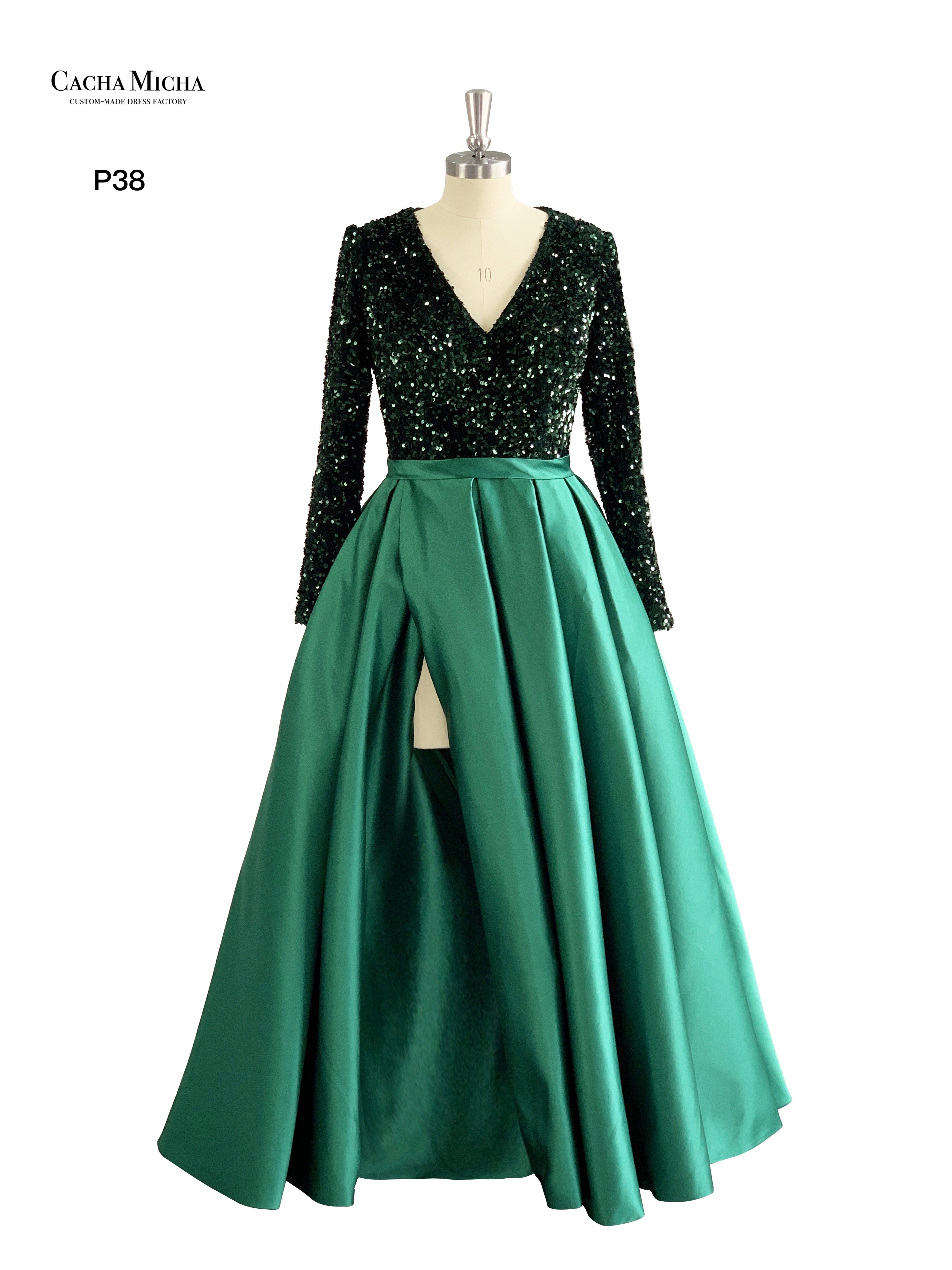 Sequin Long Sleeves Green Satin Prom Dress P38