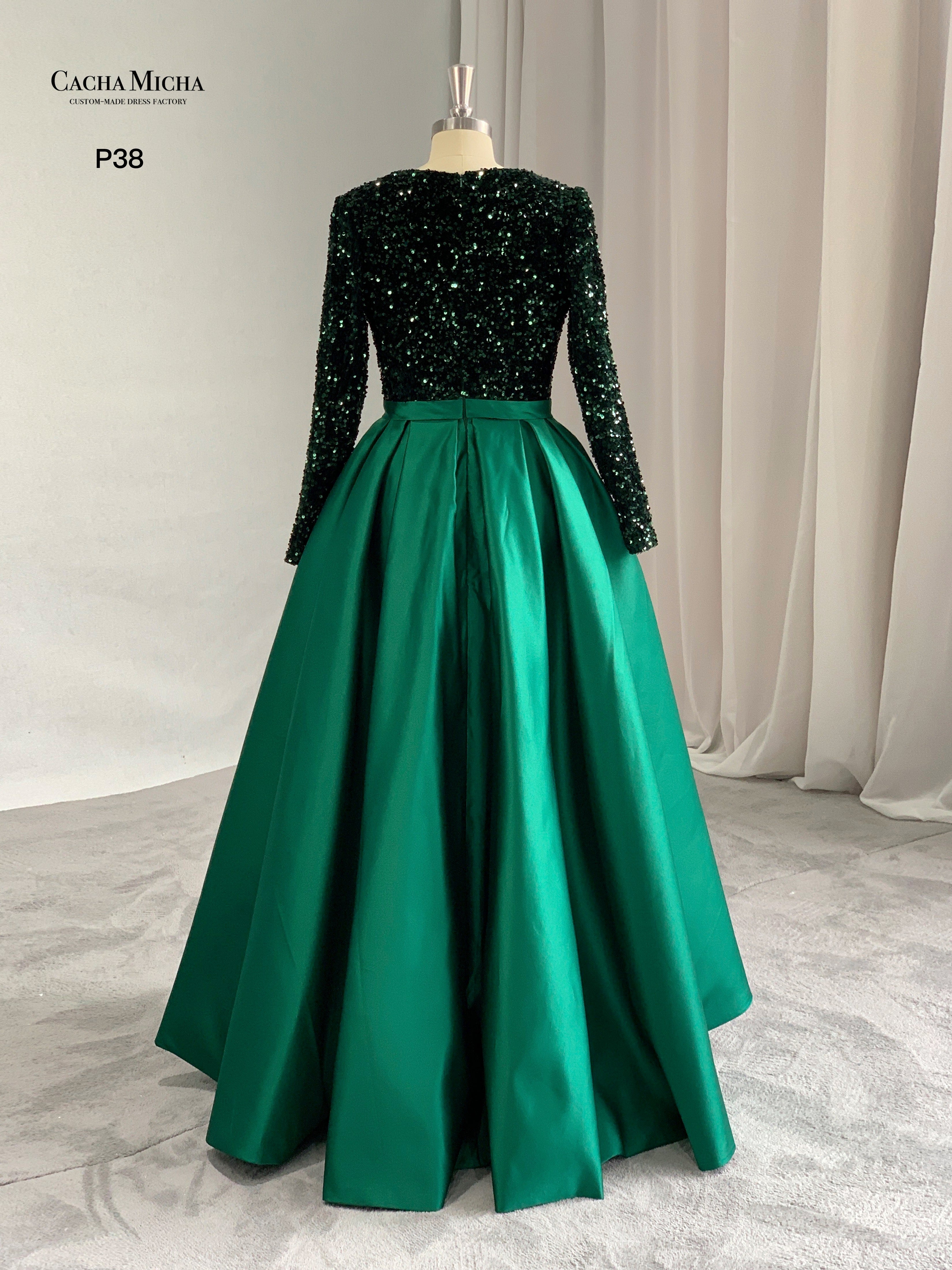 Sequin Long Sleeves Green Satin Prom Dress P38