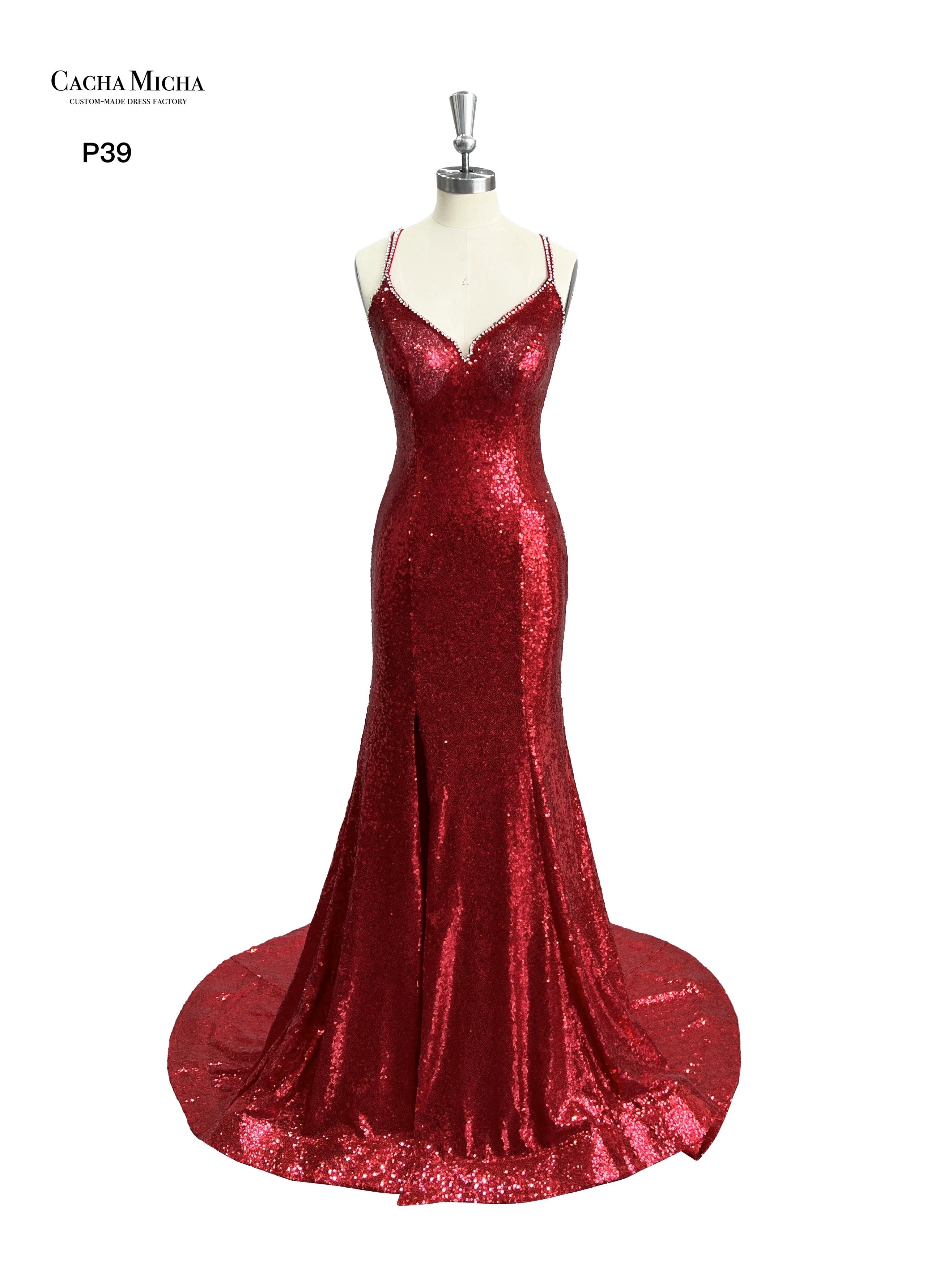 Sexy Backless Red Sequin Prom Dress With Slit P39