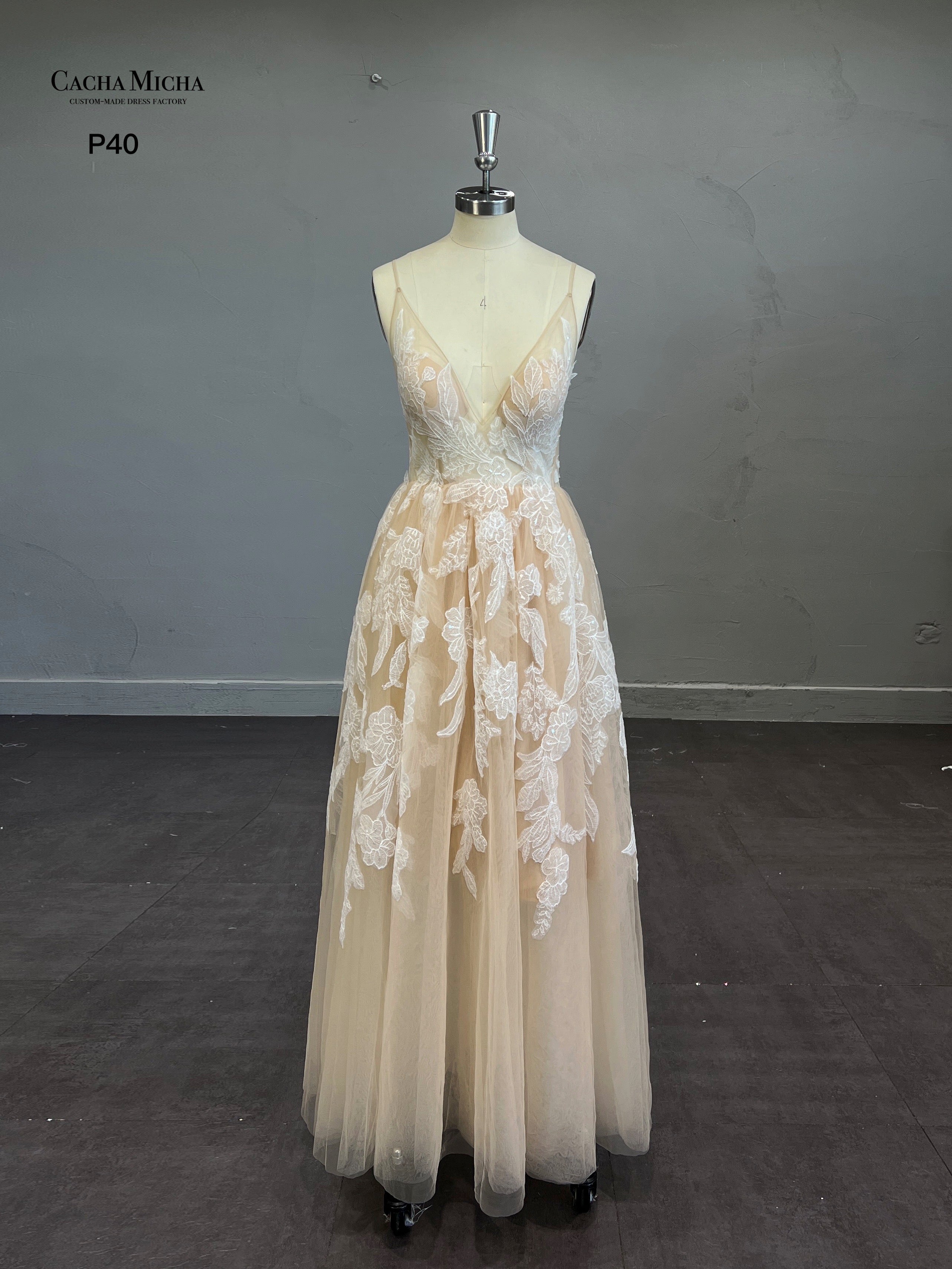 Backless Ivory Lace Champagne Prom Dress P40