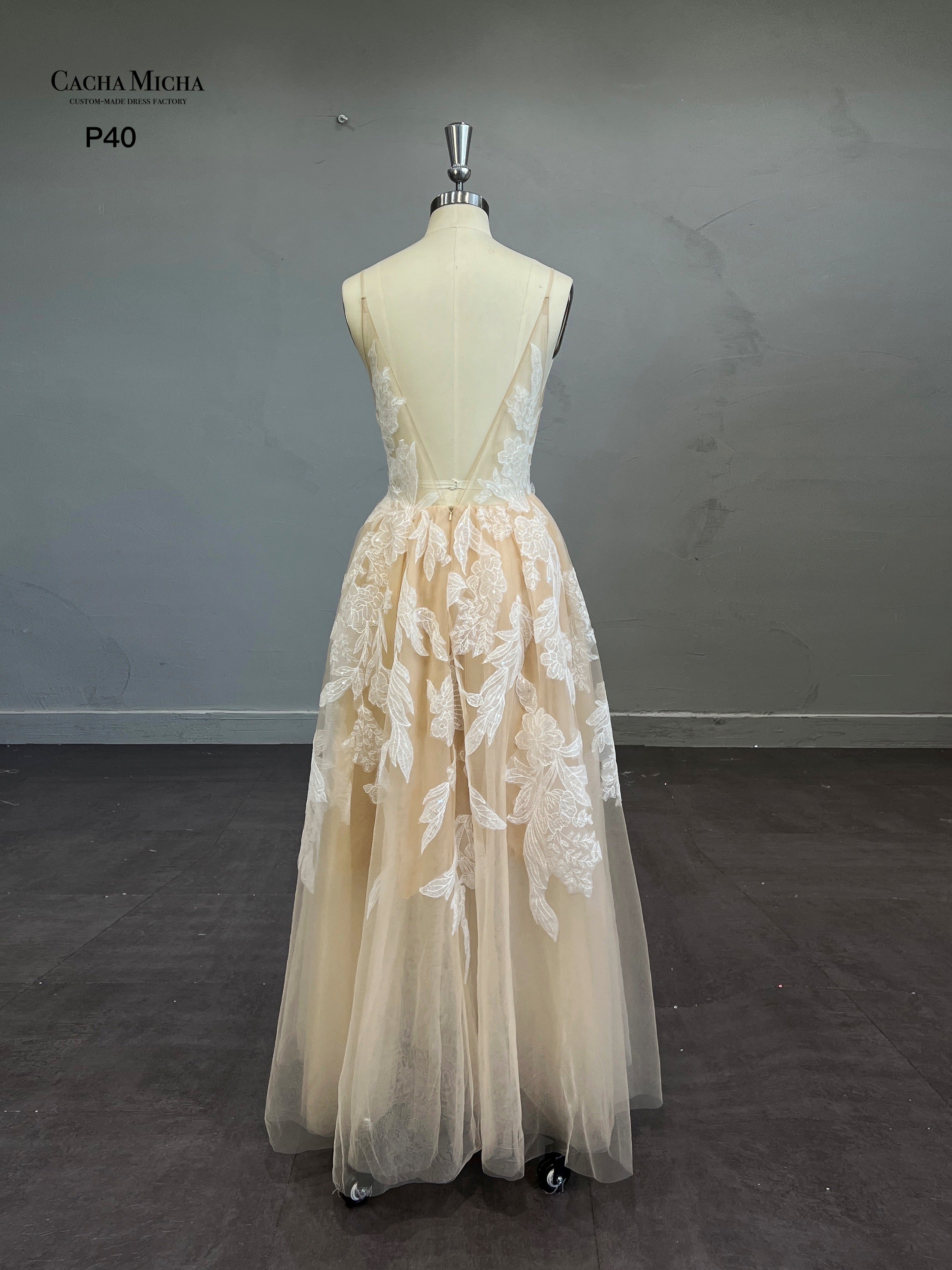 Backless Ivory Lace Champagne Prom Dress P40