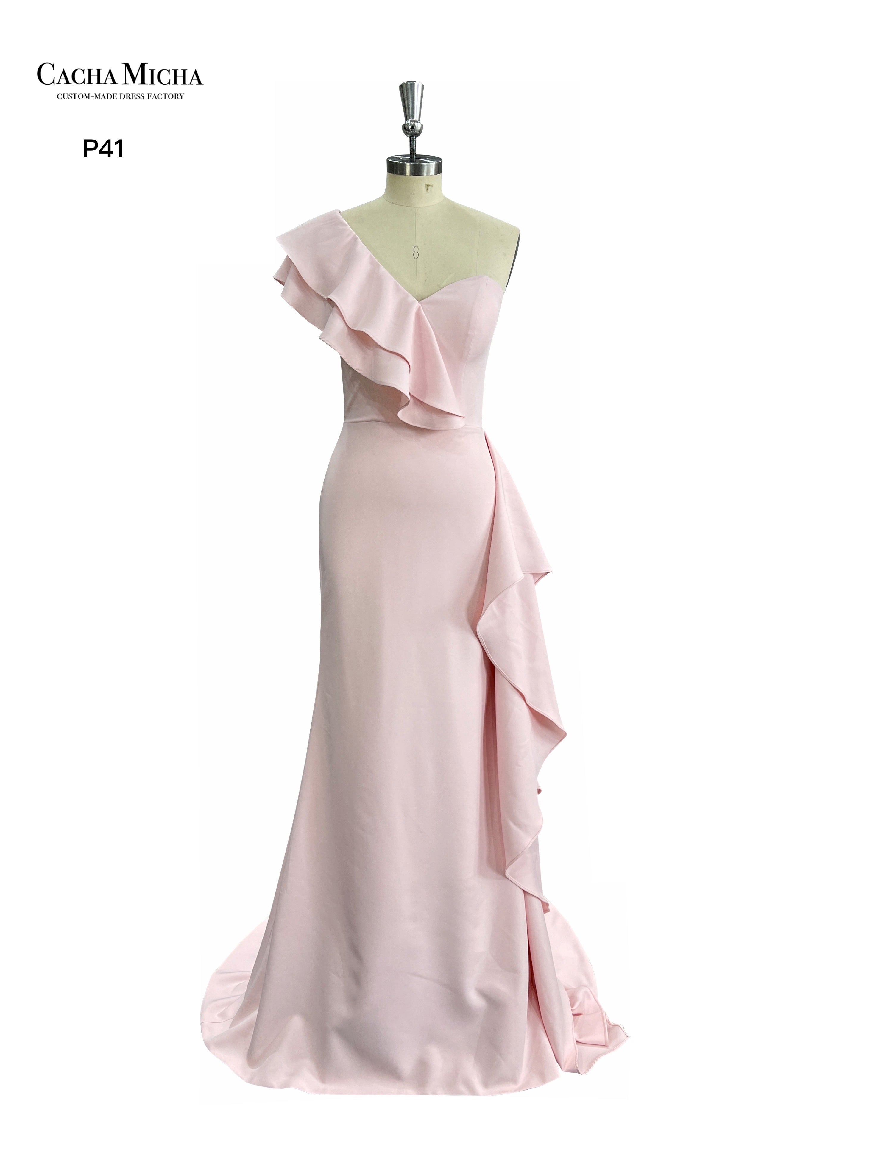 One Shoulder Ruffles Crepe Bridesmaid Dress P41