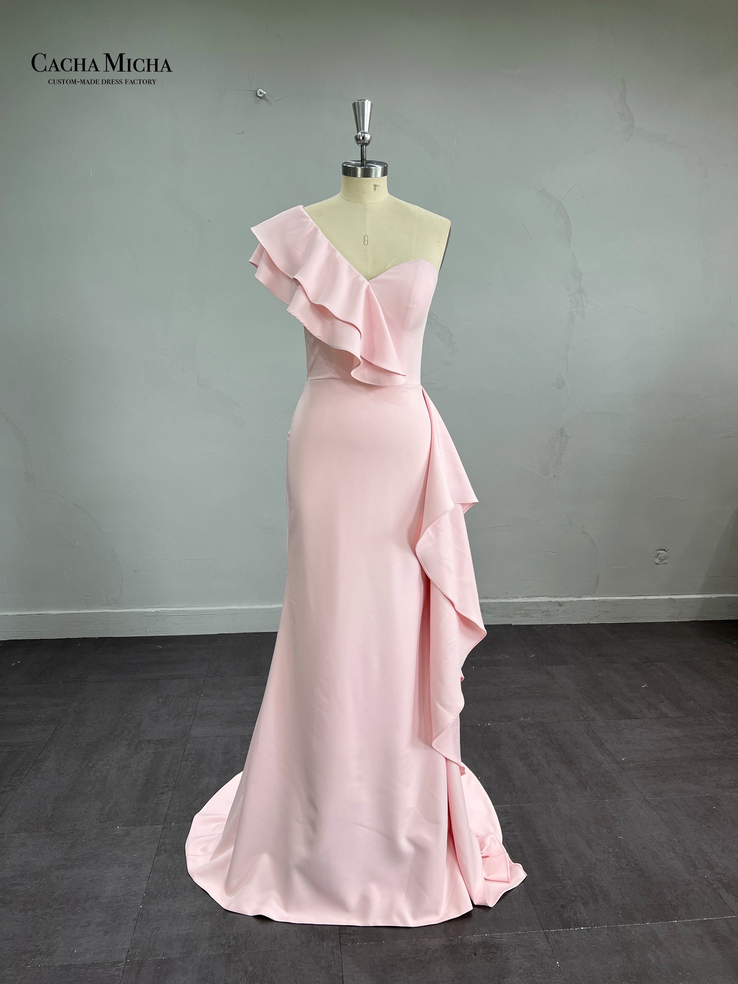 One Shoulder Ruffles Crepe Bridesmaid Dress P41