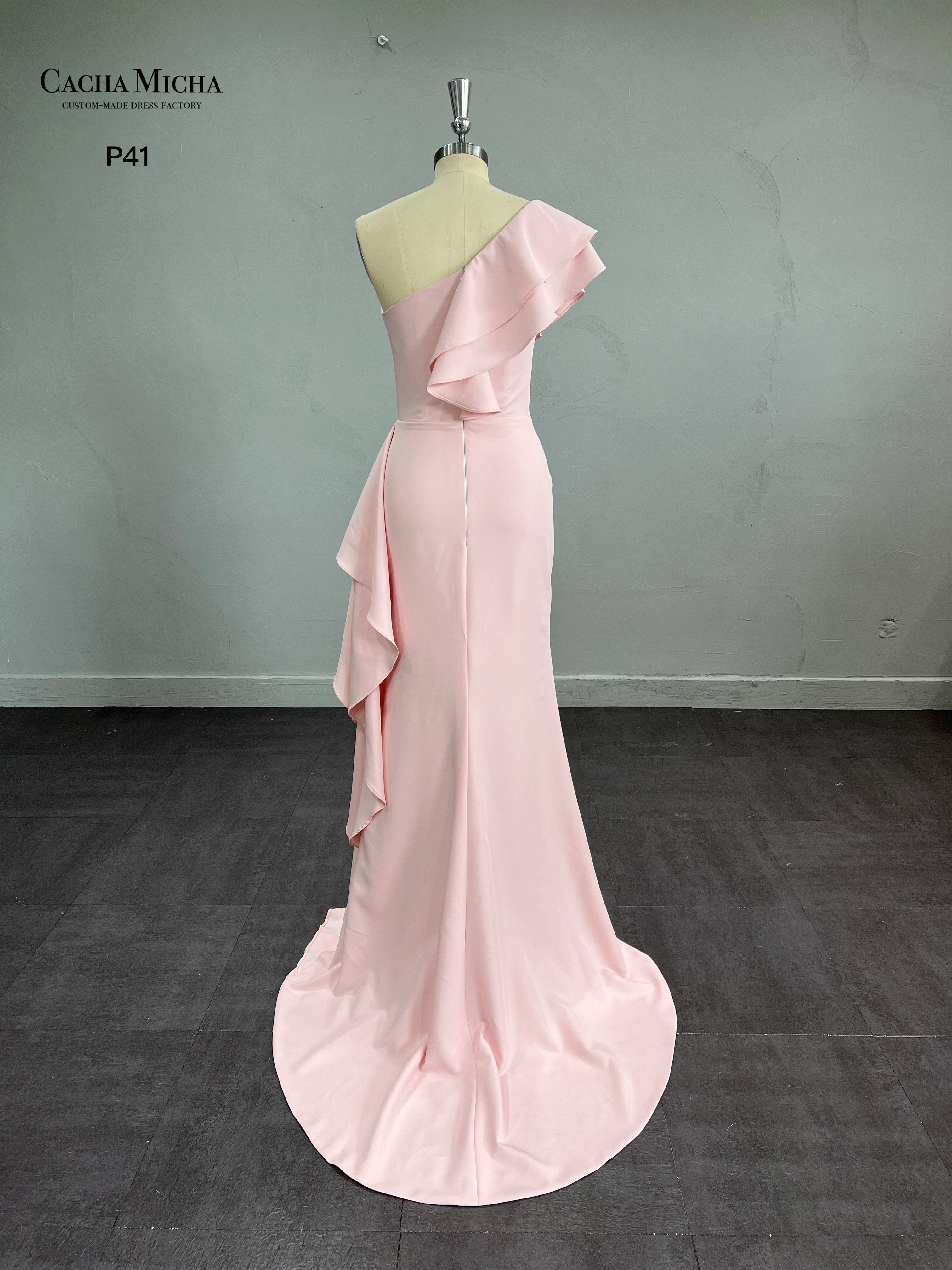 One Shoulder Ruffles Crepe Bridesmaid Dress P41