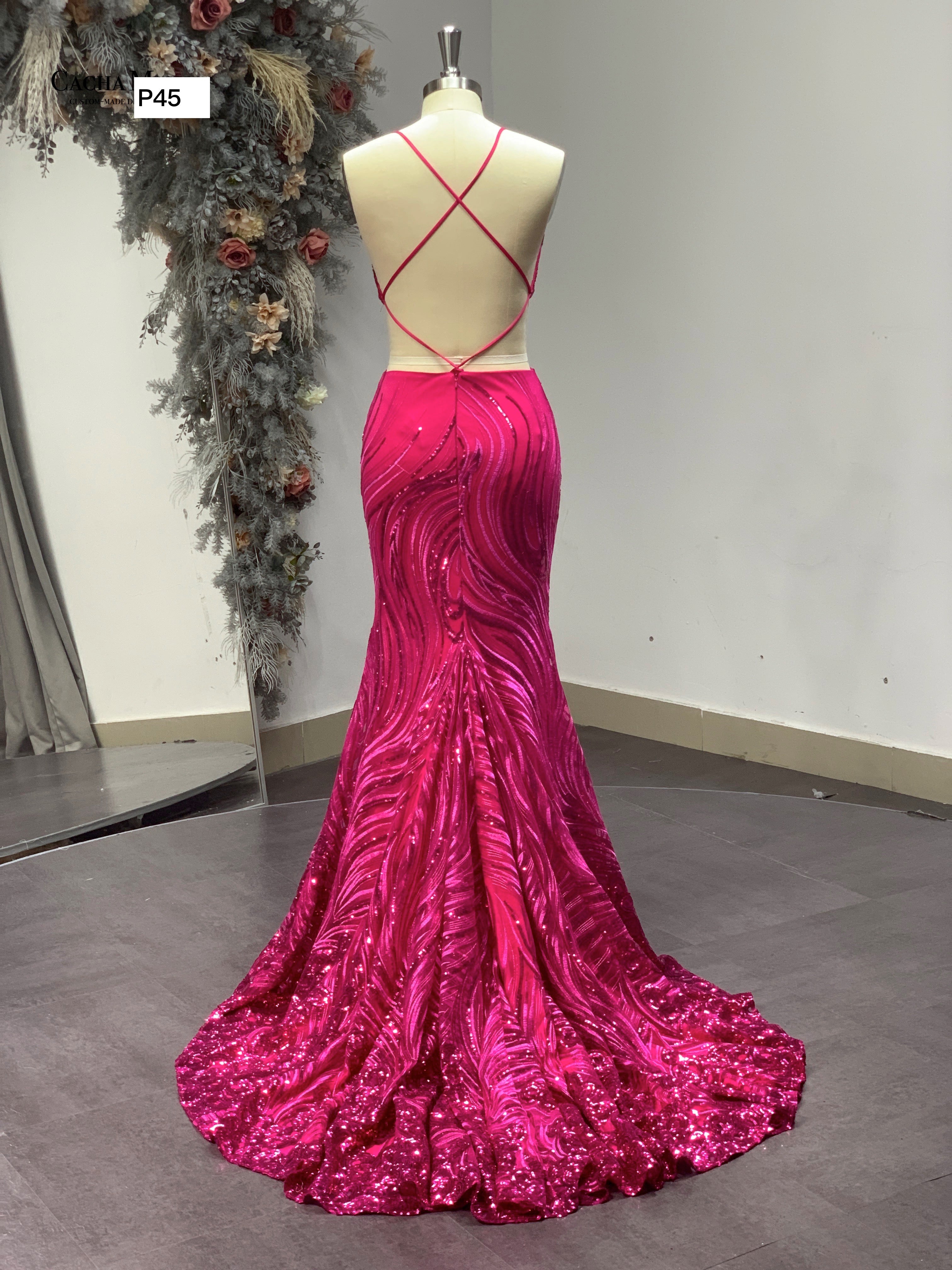 Fuchsia Sequin Backless Sexy Prom Dress P45