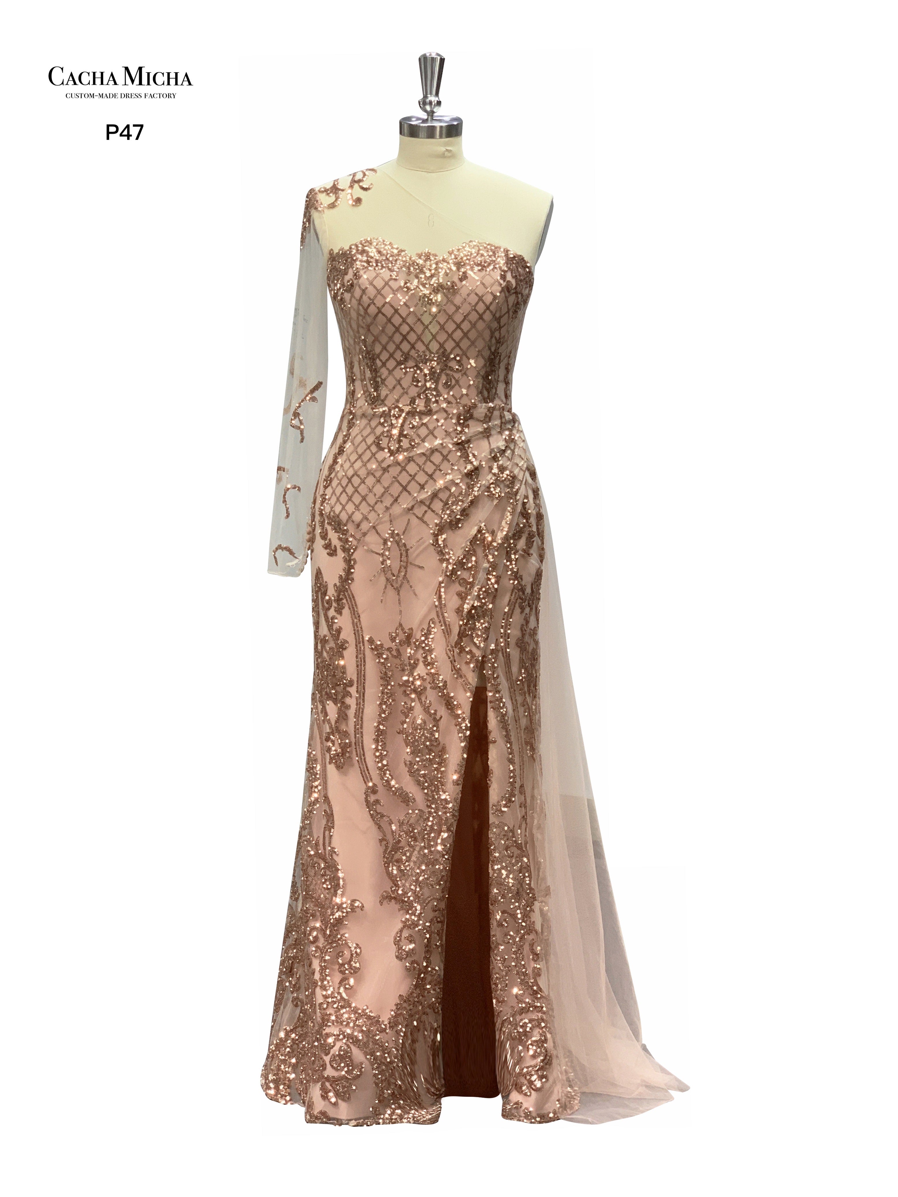 One Shoulder Long Sleeve Sequin Prom Dress P47