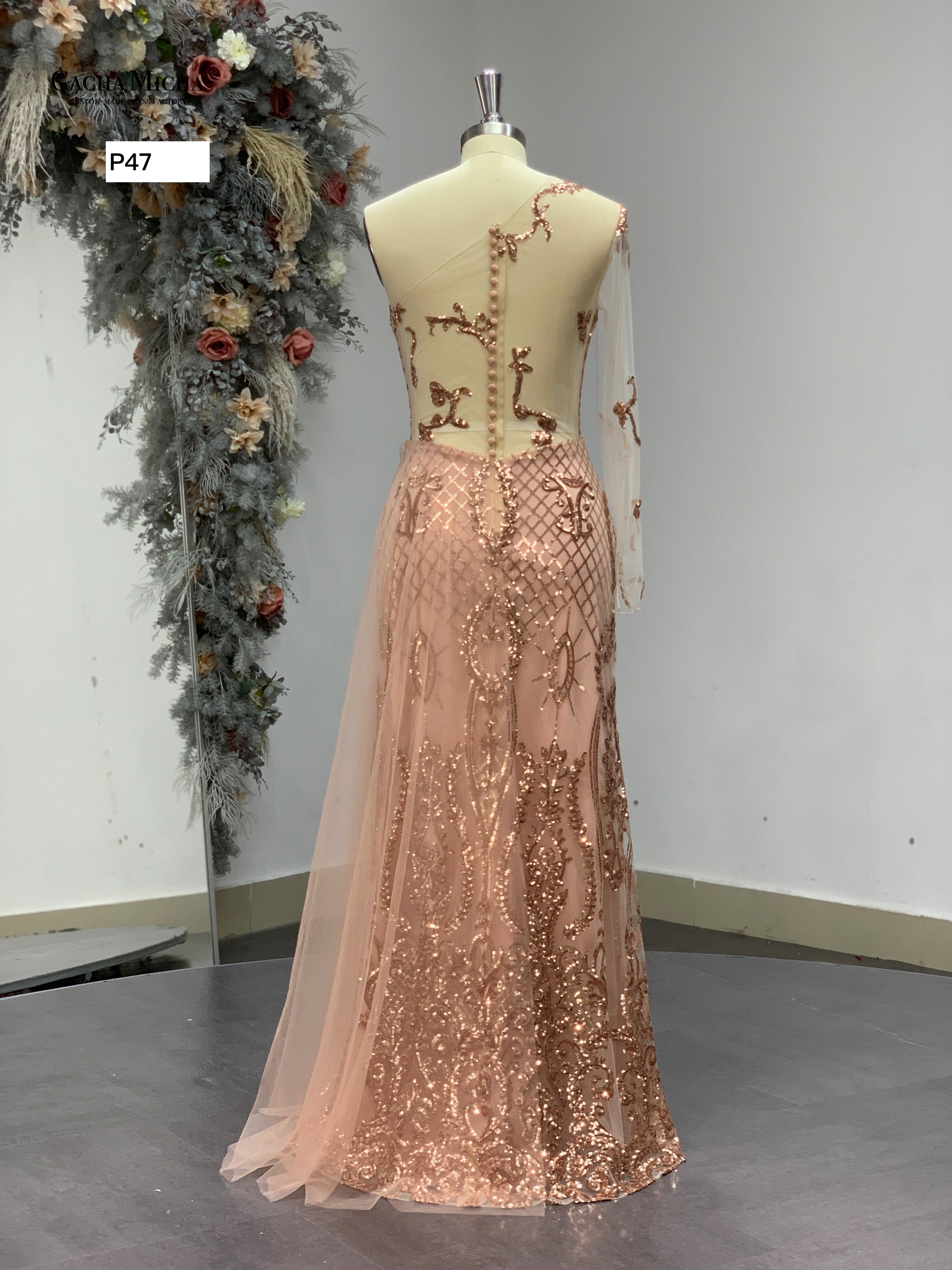 One Shoulder Long Sleeve Sequin Prom Dress P47