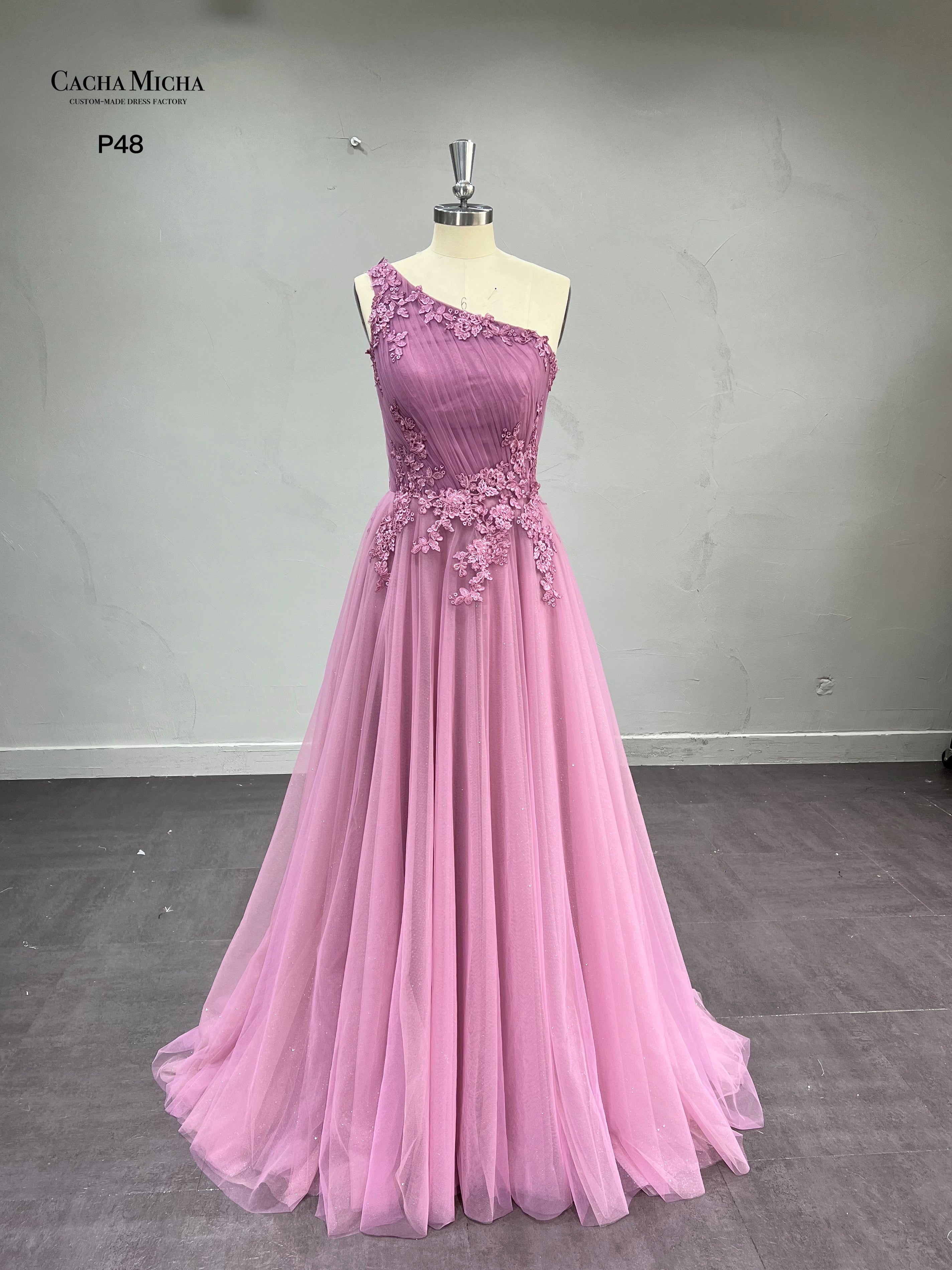 One Shoulder Pink Lace A Line Prom Dress P48