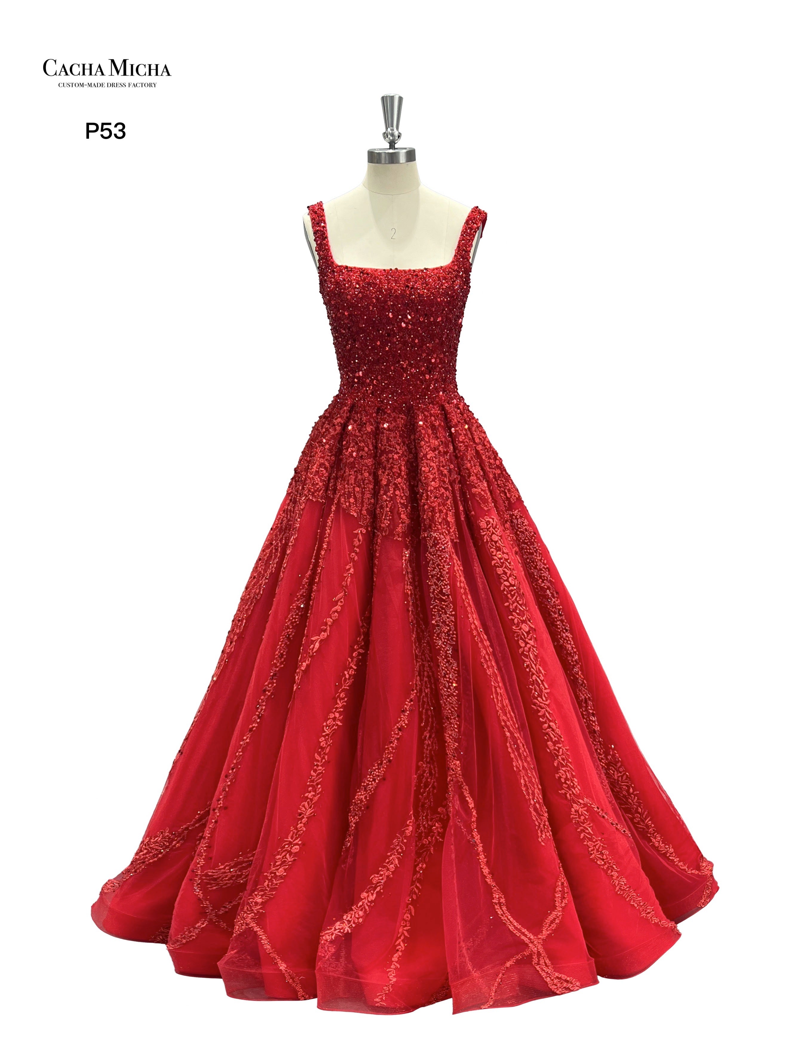 Heavy Beaded Square Neckline Red Lace Prom Dress P53