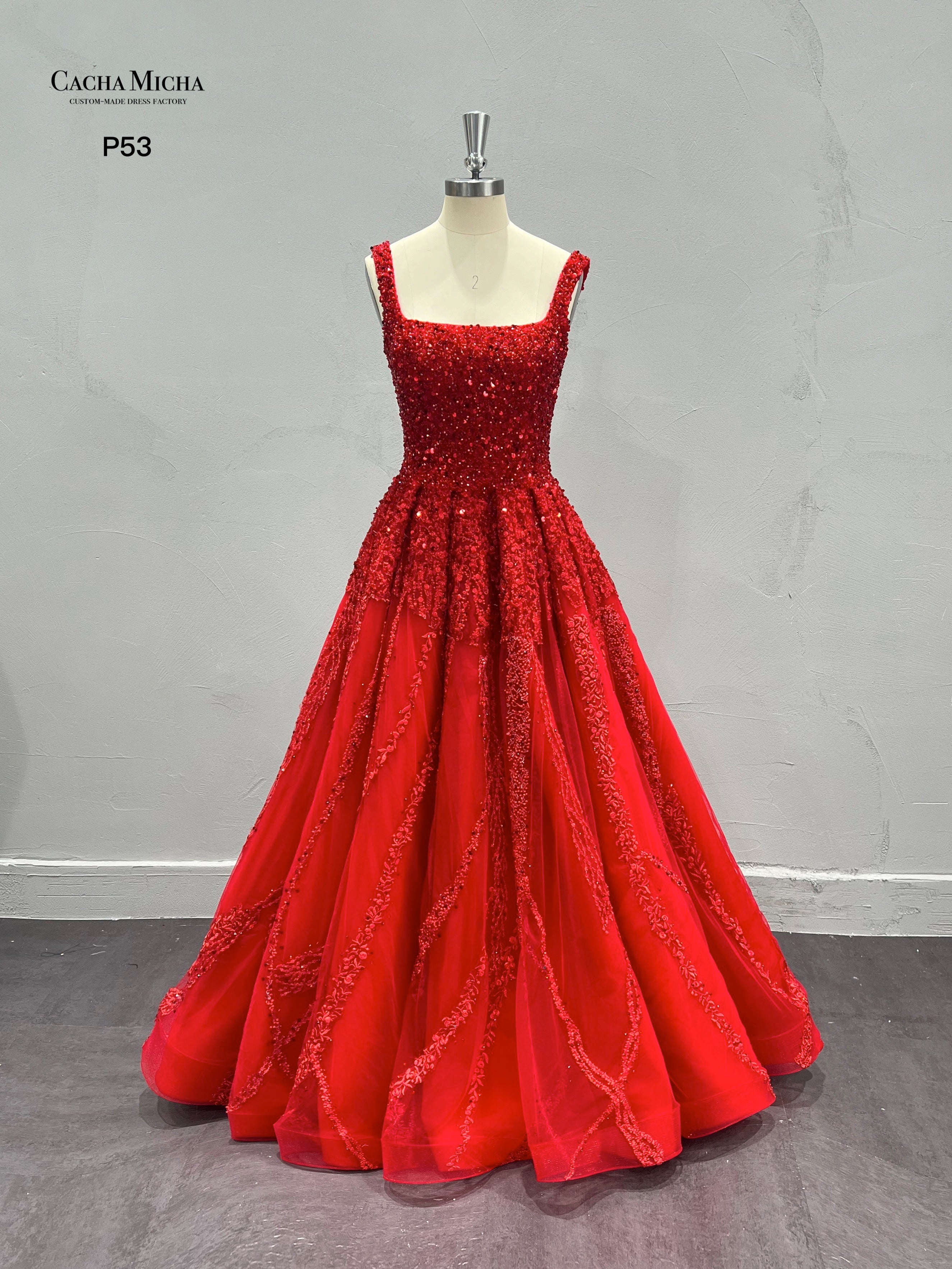 Heavy Beaded Square Neckline Red Lace Prom Dress P53