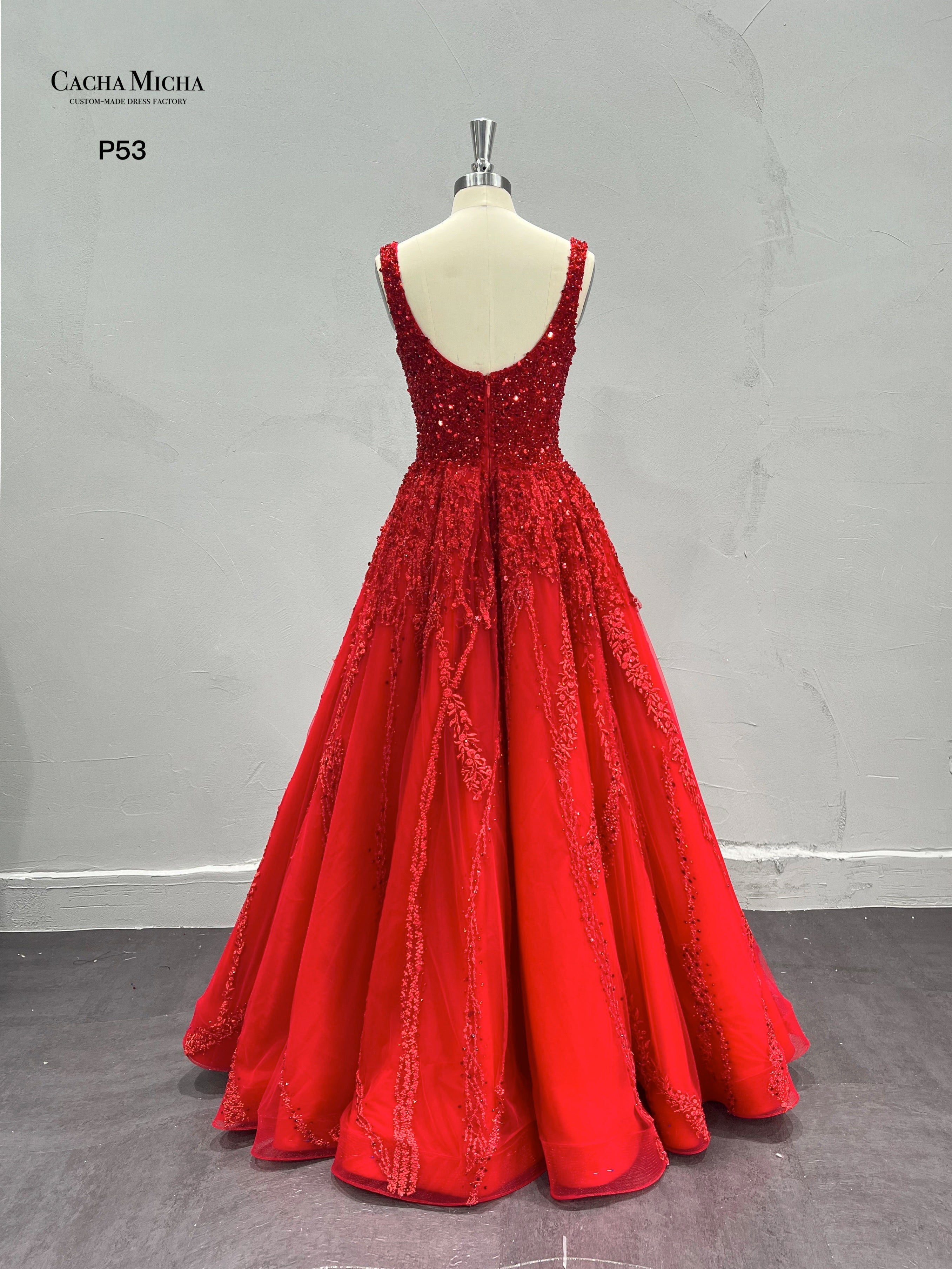 Heavy Beaded Square Neckline Red Lace Prom Dress P53