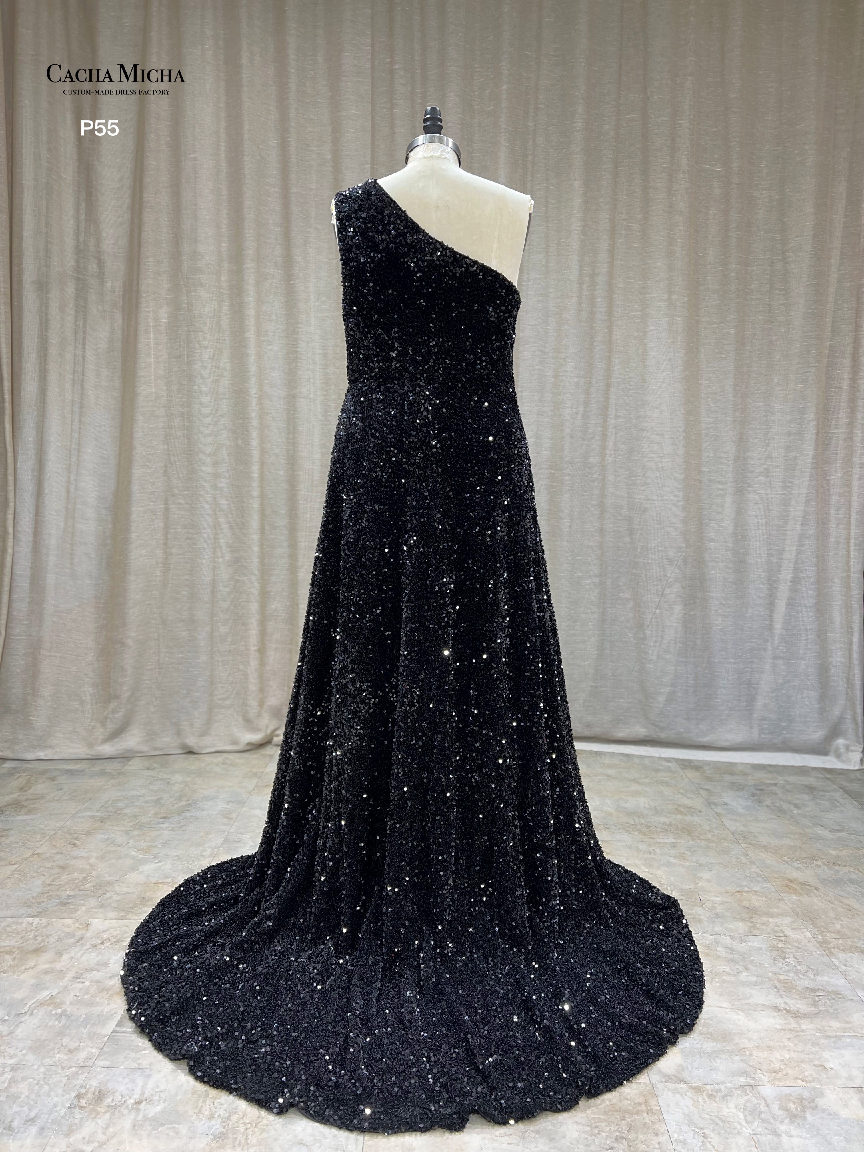 A Line One Shoulder Black Sequin Prom Dress P55