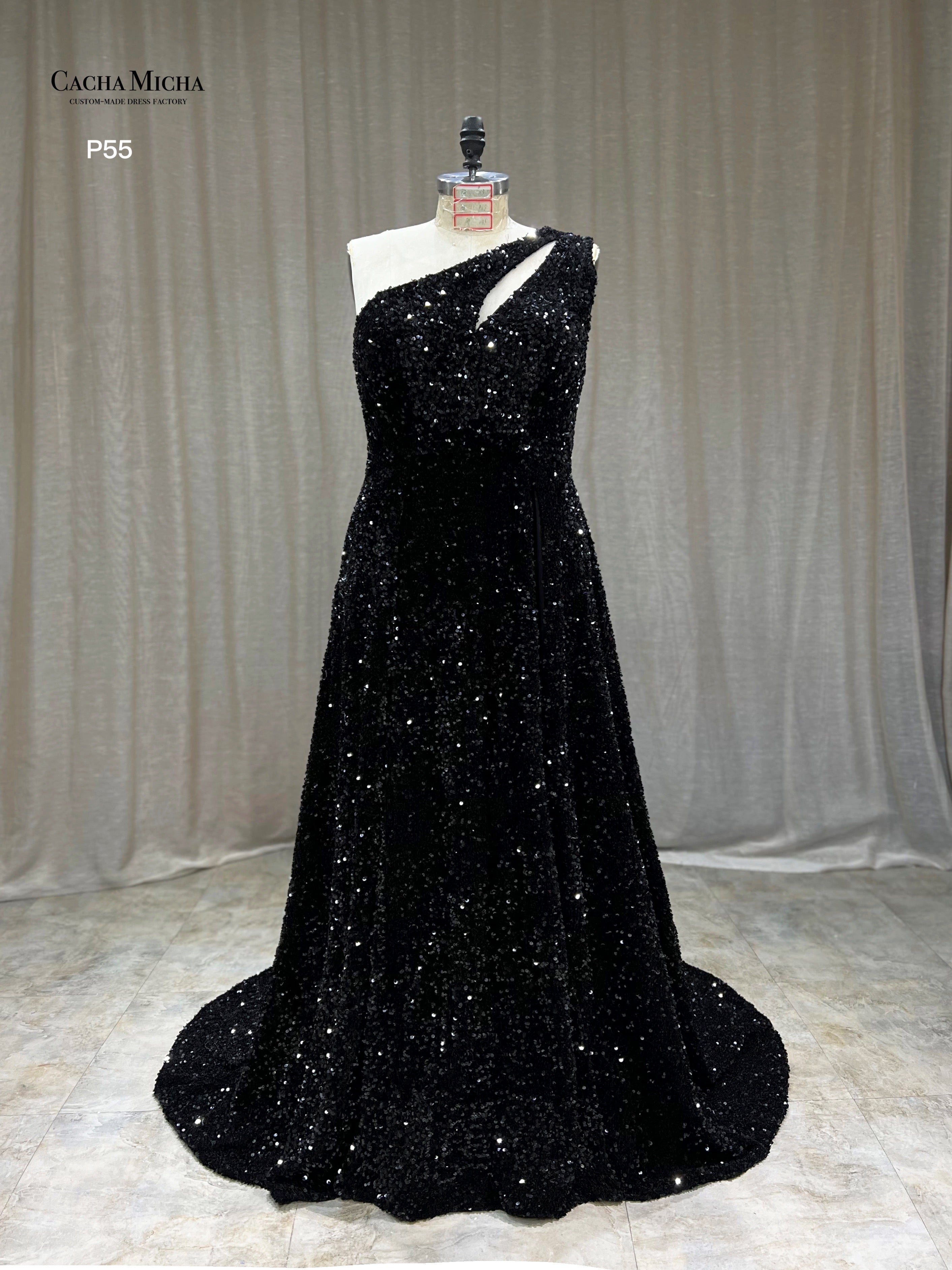 A Line One Shoulder Black Sequin Prom Dress P55