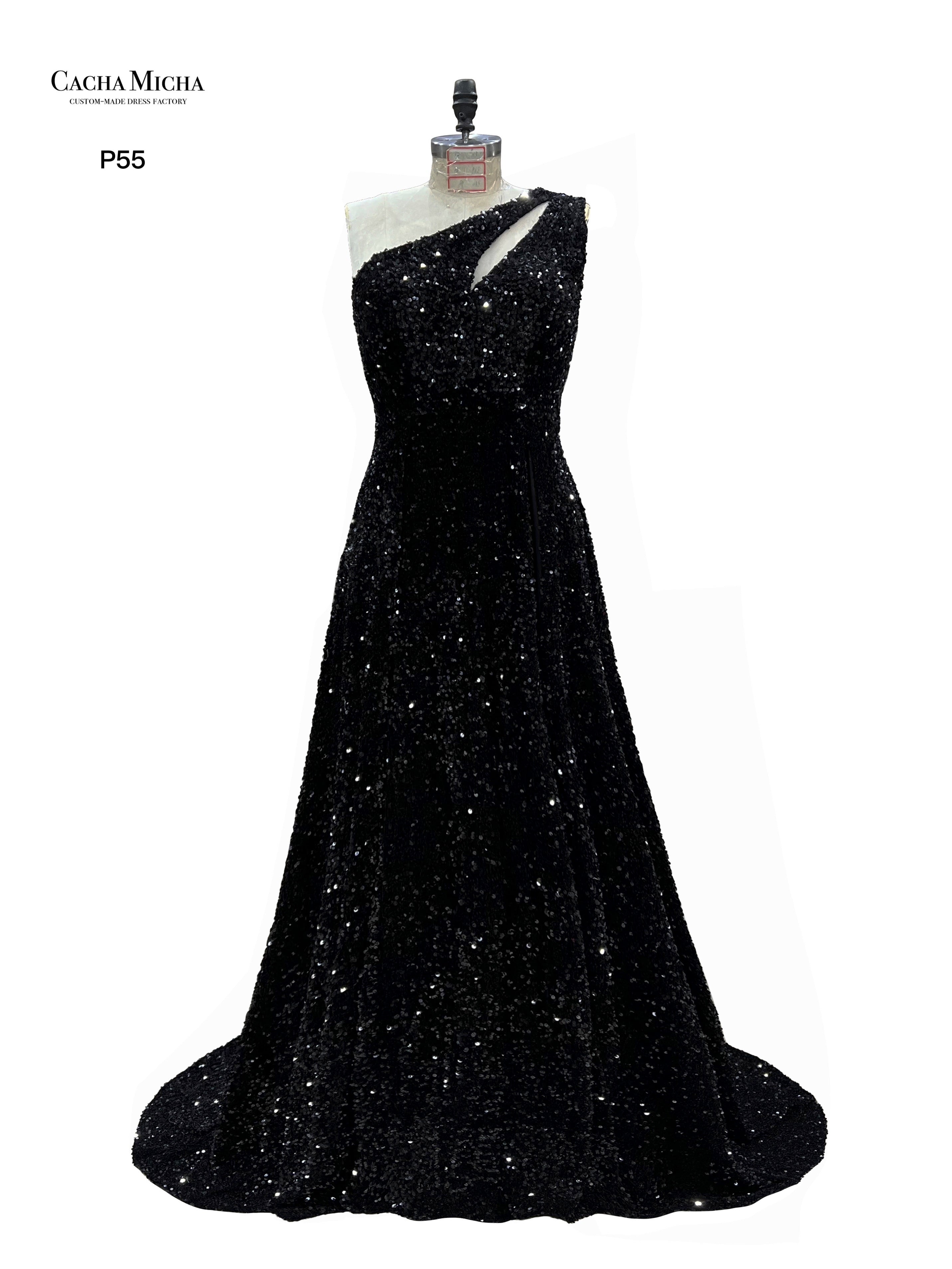 A Line One Shoulder Black Sequin Prom Dress P55