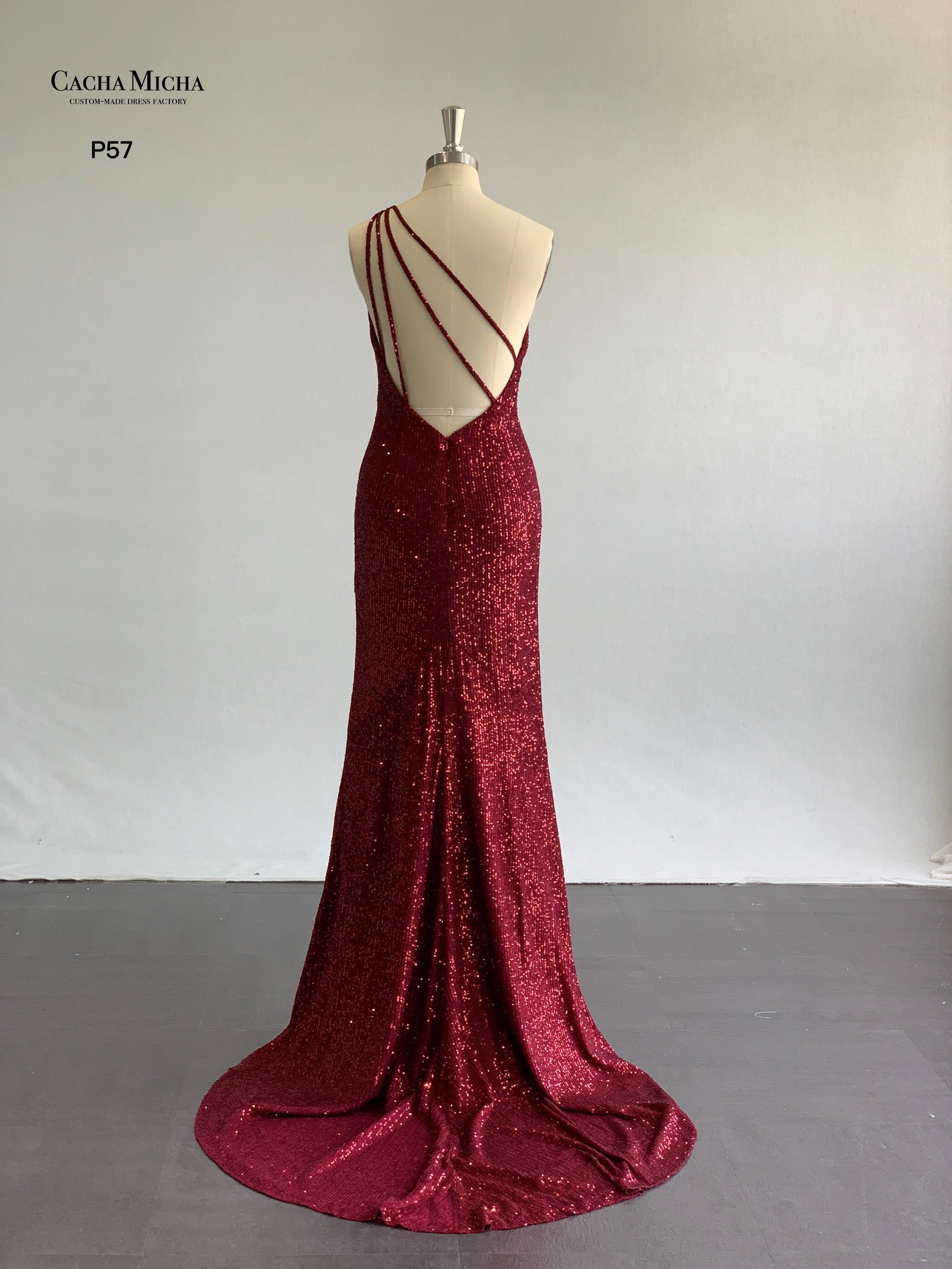 One Shoulder Wine Red Sequin Prom Dress P57