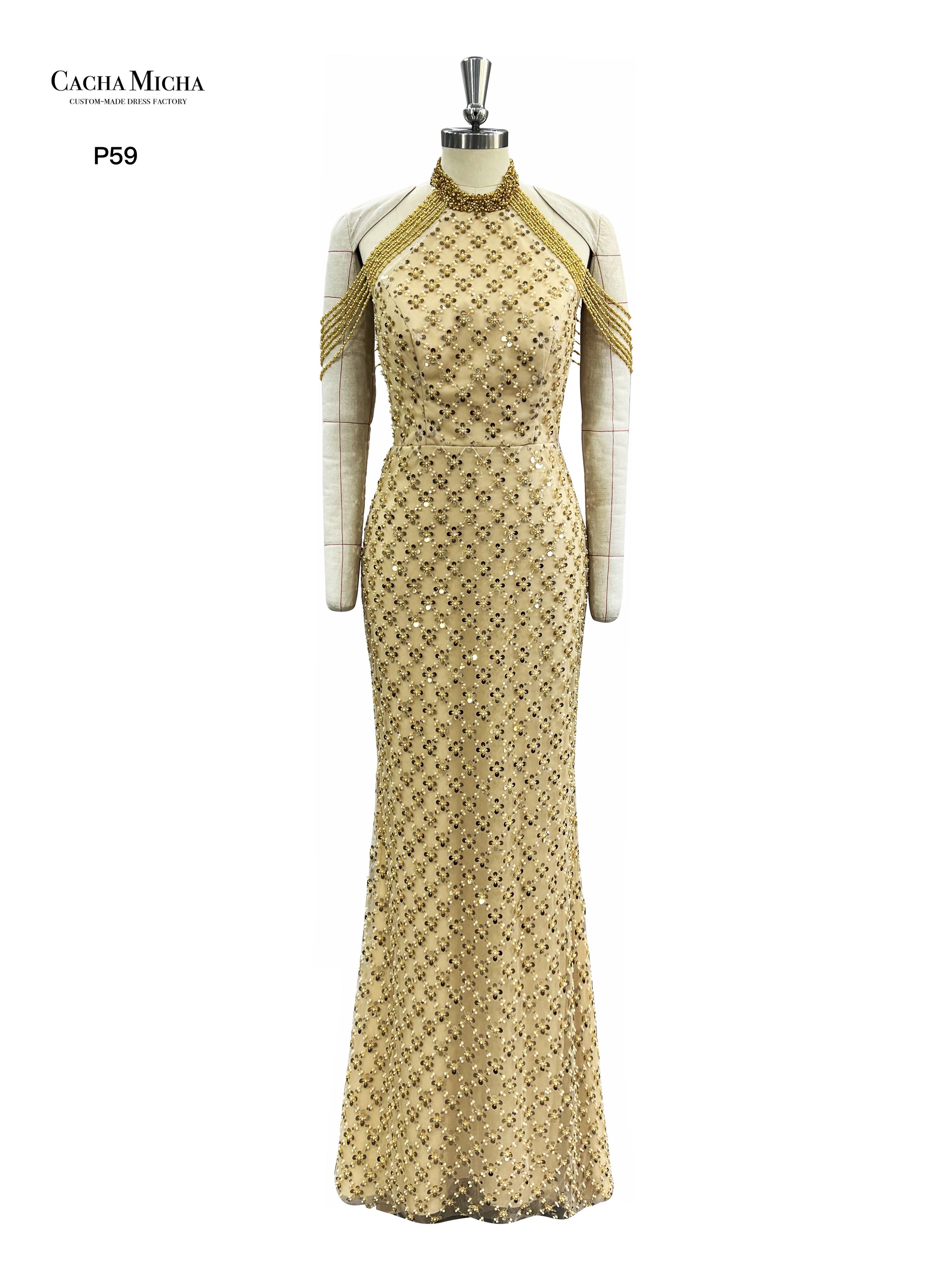 Halter Neckline Heavy Beaded Lace Evening Dress P59
