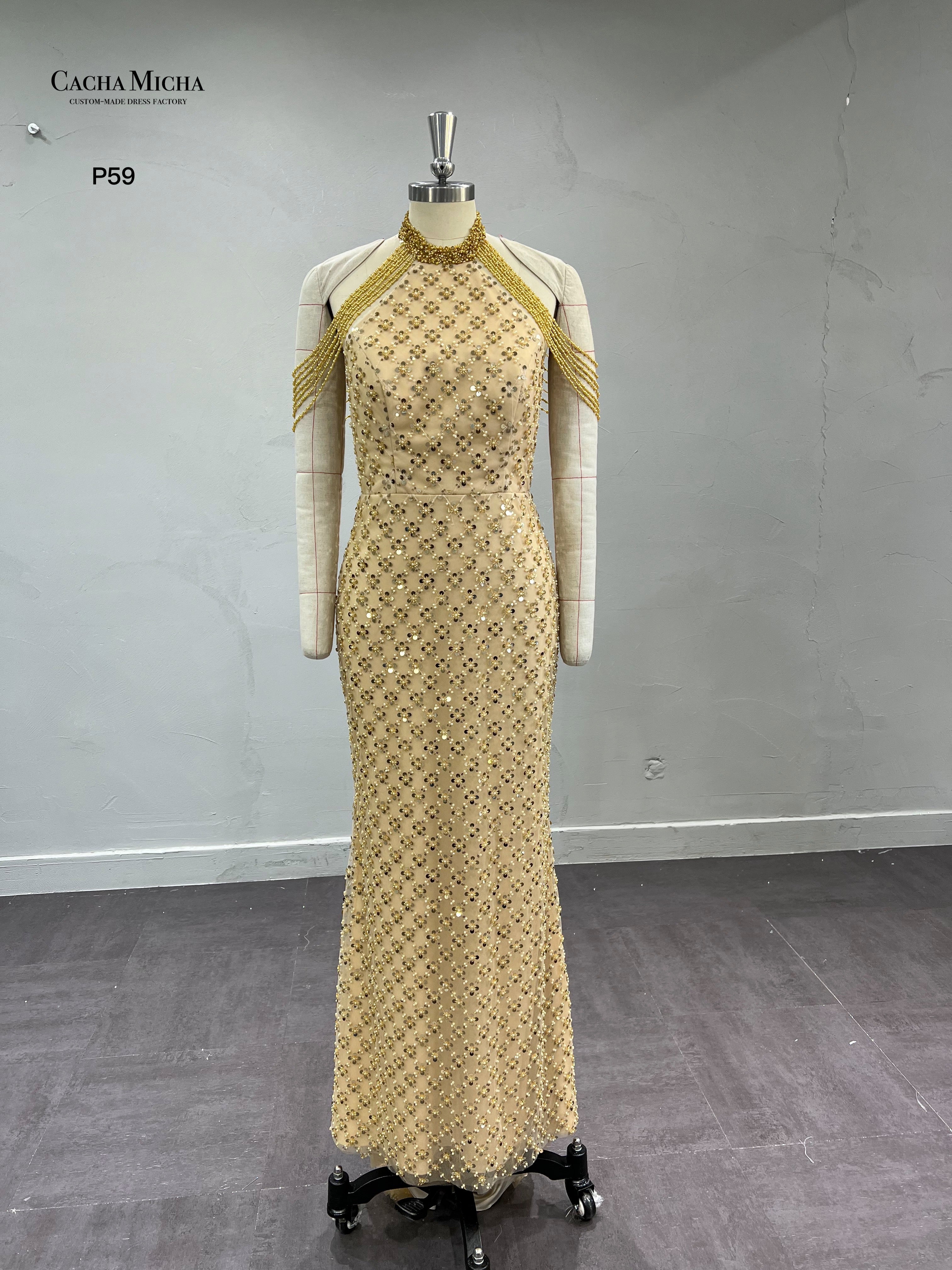 Halter Neckline Heavy Beaded Lace Evening Dress P59