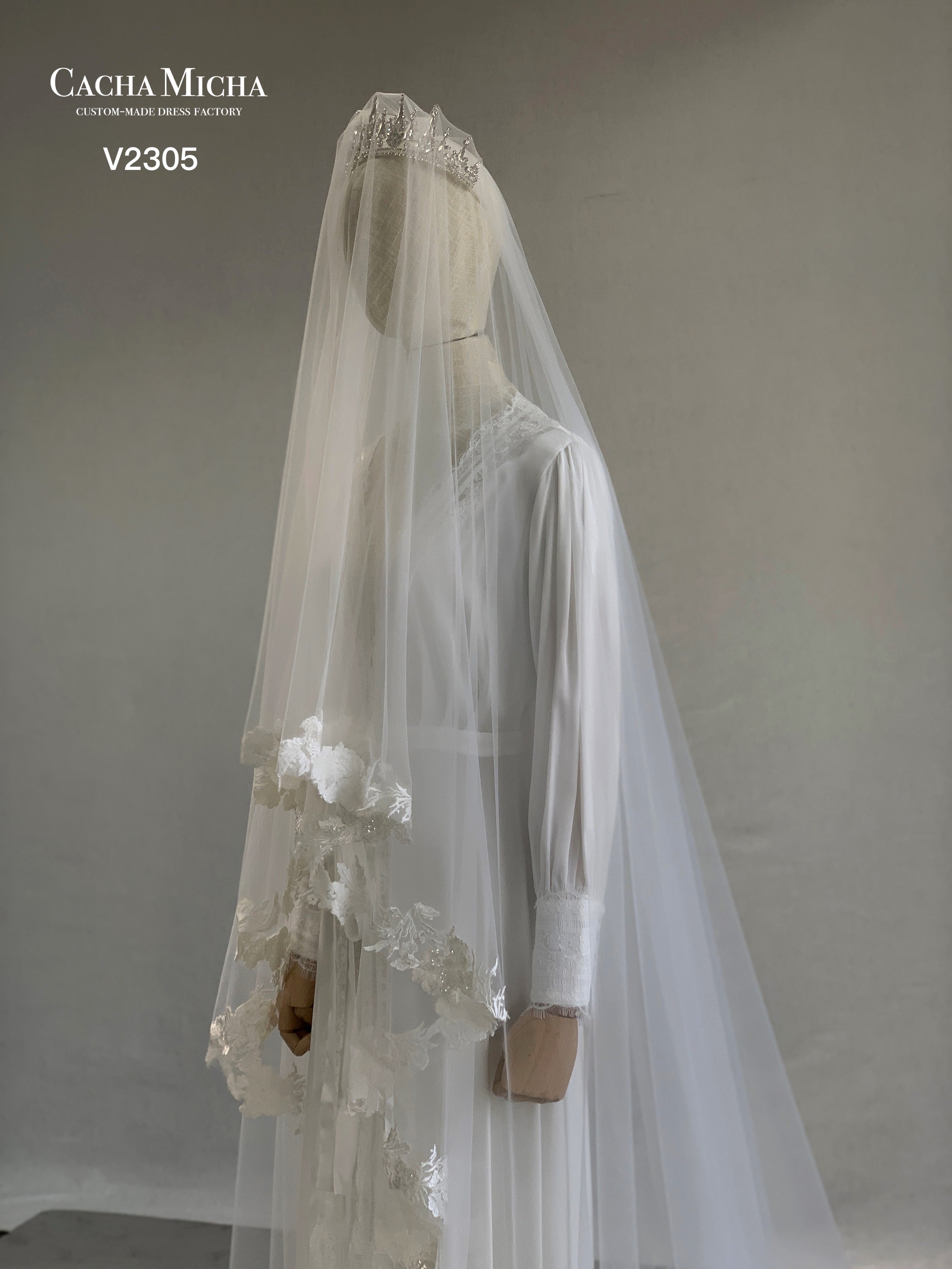 2 Layers Sequined Lace Long Train Bridal Veil V2305