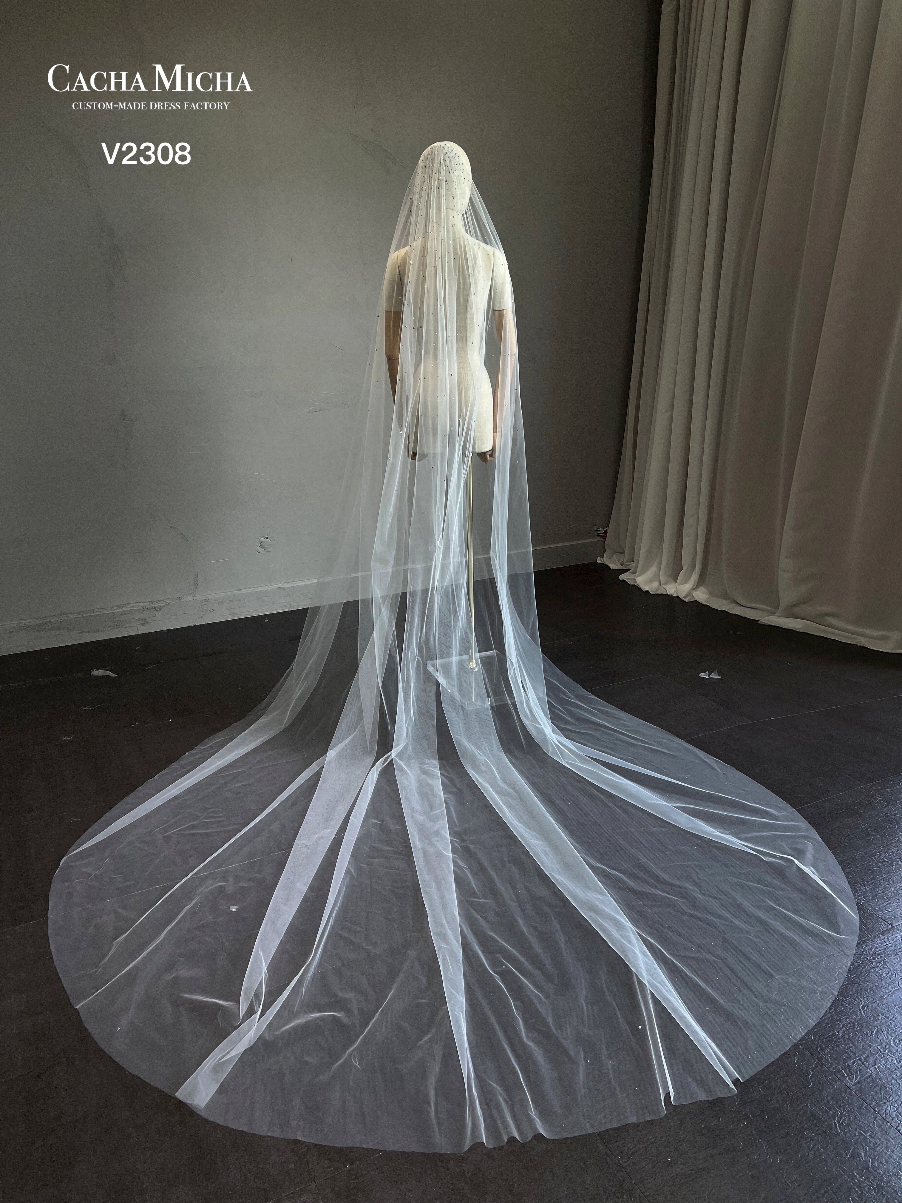 Stunning Hot Fixed Stone Beaded Cathedral Length Bridal Veil V2310