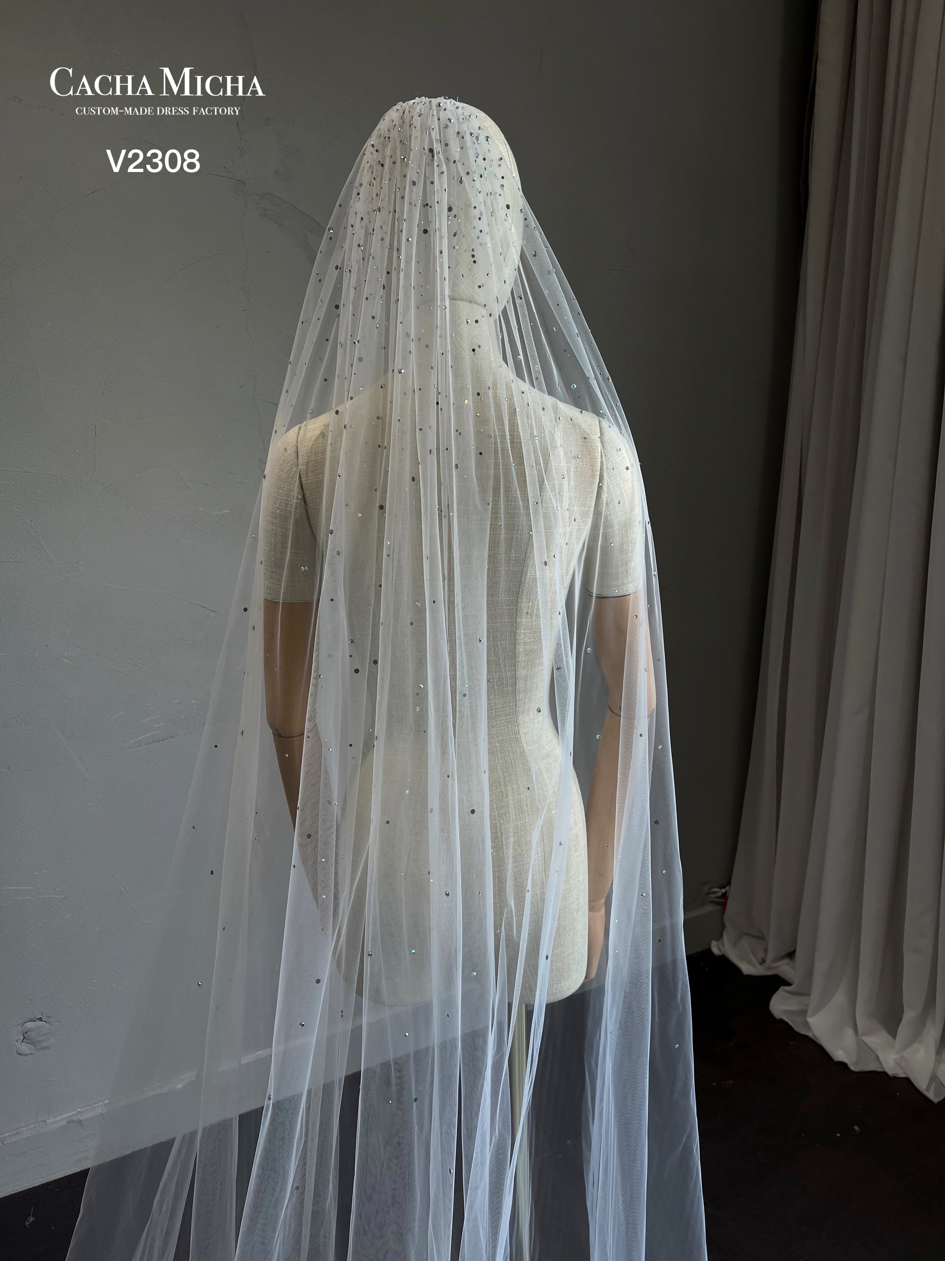 Stunning Hot Fixed Stone Beaded Cathedral Length Bridal Veil V2310