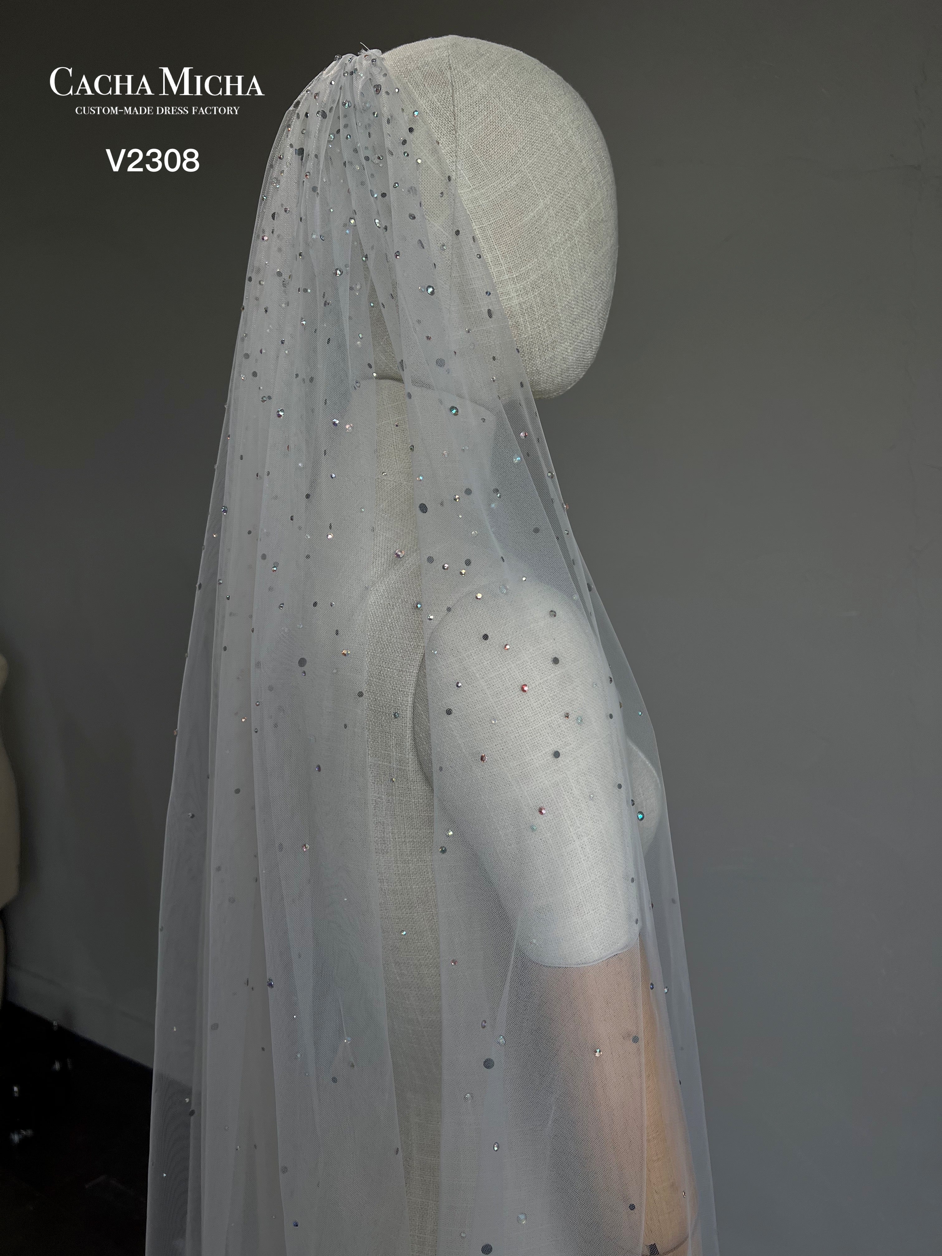 Stunning Hot Fixed Stone Beaded Cathedral Length Bridal Veil V2310