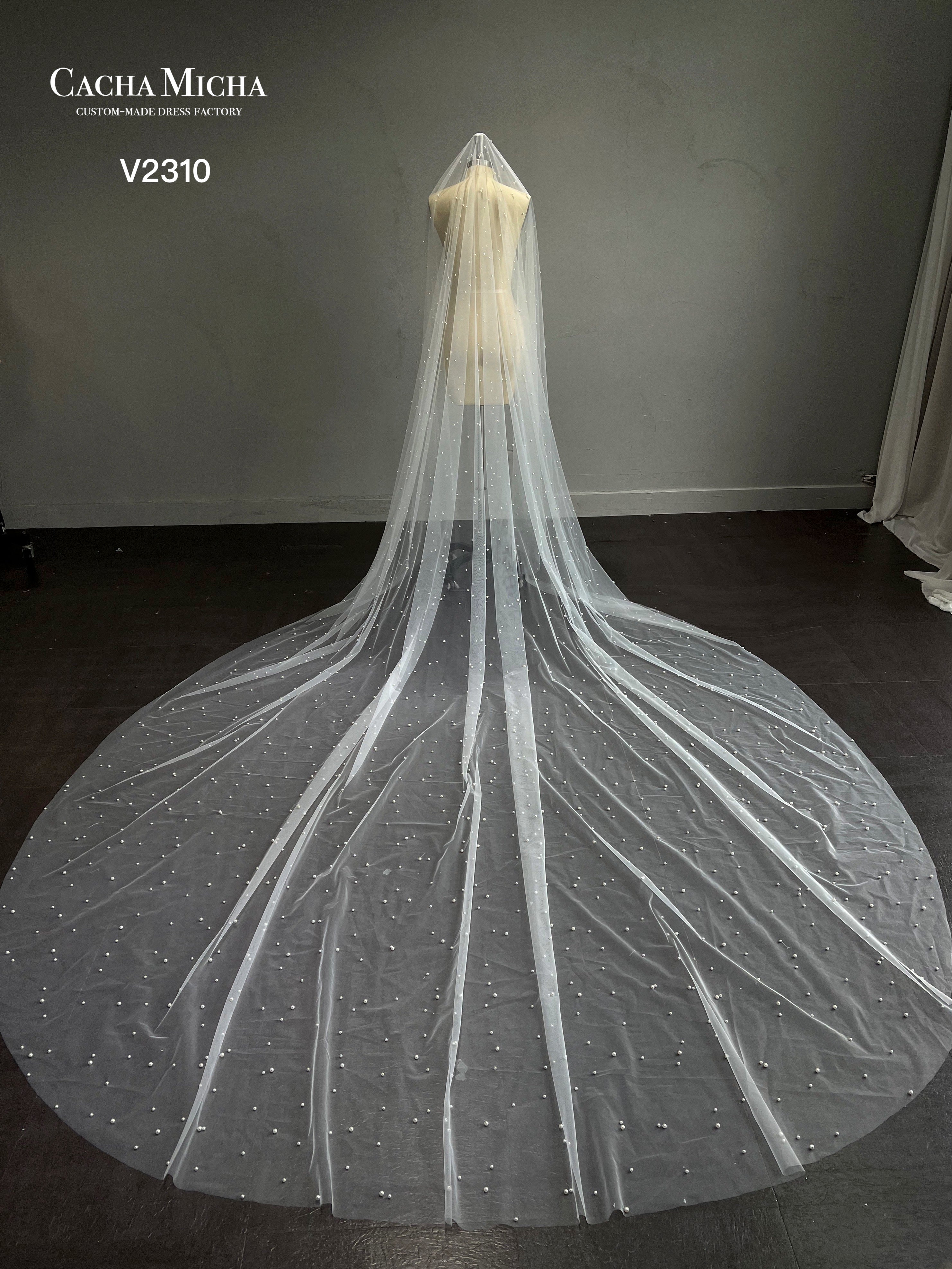 Pearl Beaded Cathedral Length Bridal Veil V2310