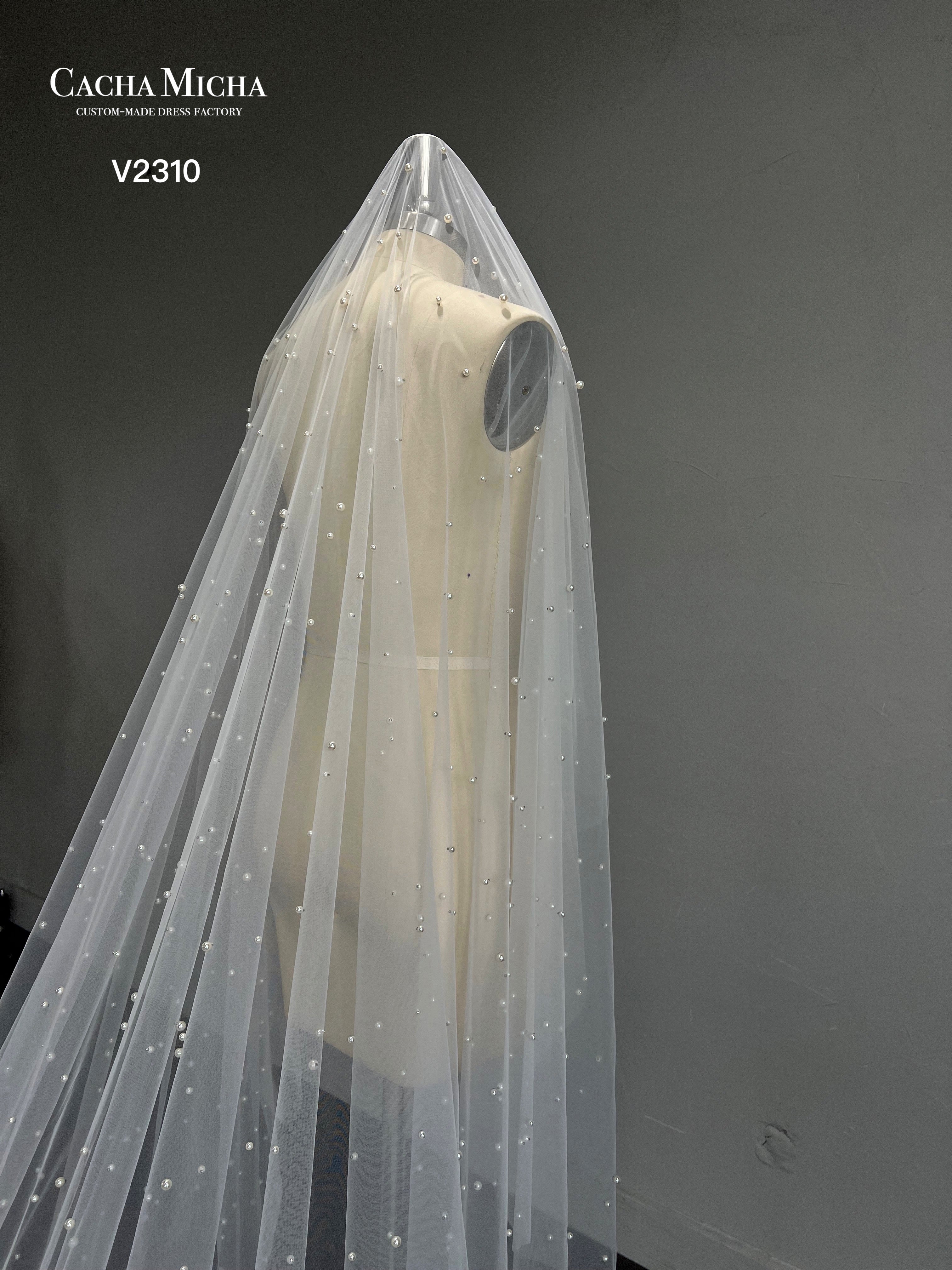 Pearl Beaded Cathedral Length Bridal Veil V2310
