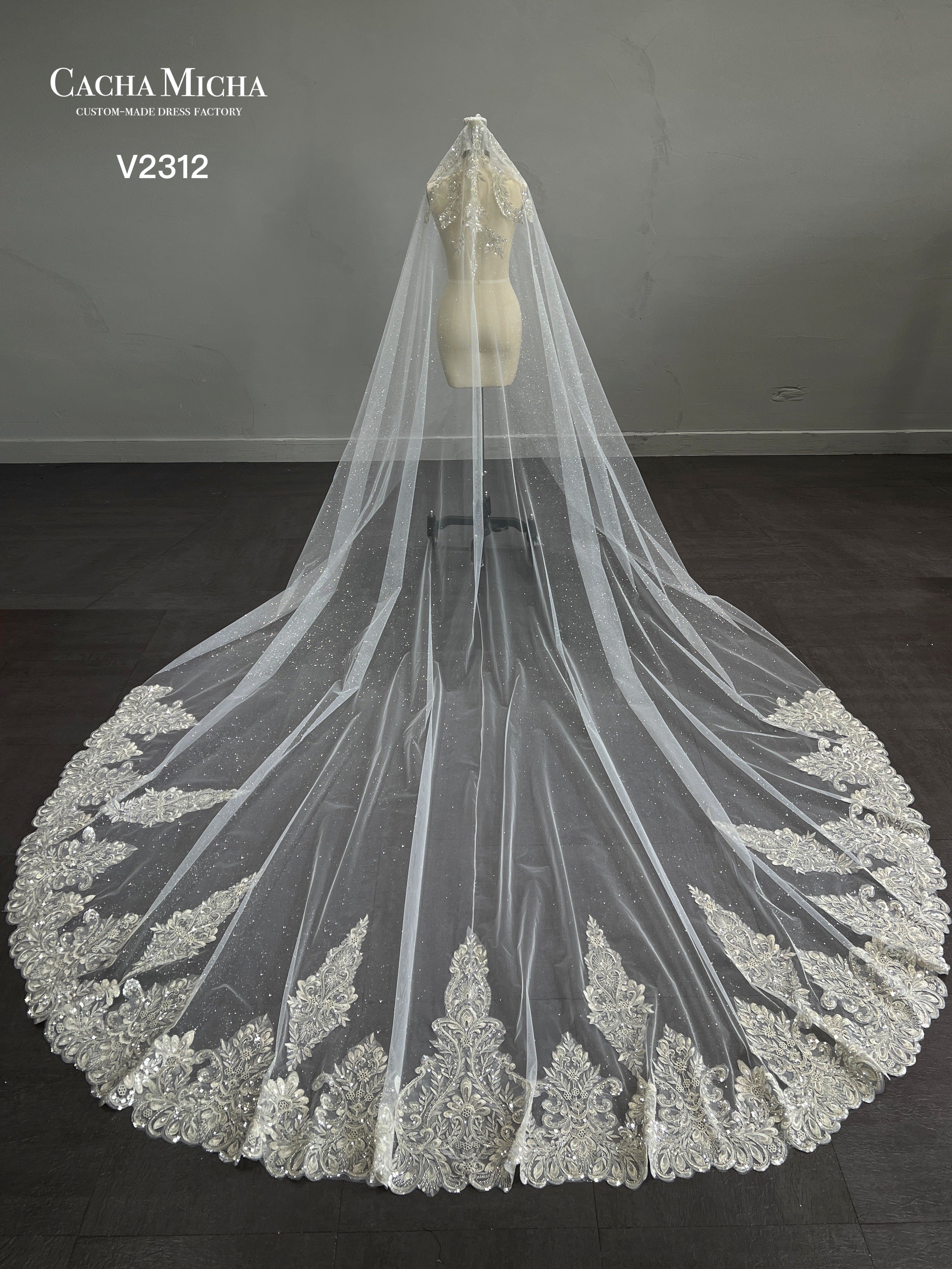 Silver Lace Cathedral Length Bridal Veil V2312